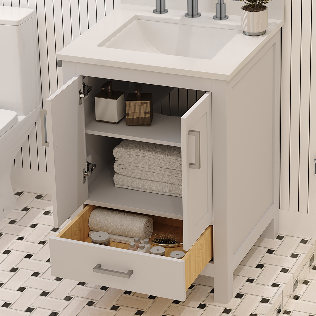Rooh 24 Inch Solid Wood Bathroom Vanity with Undermount single Rectangle sink & White Quartz countertop 0.75 inch edge in white