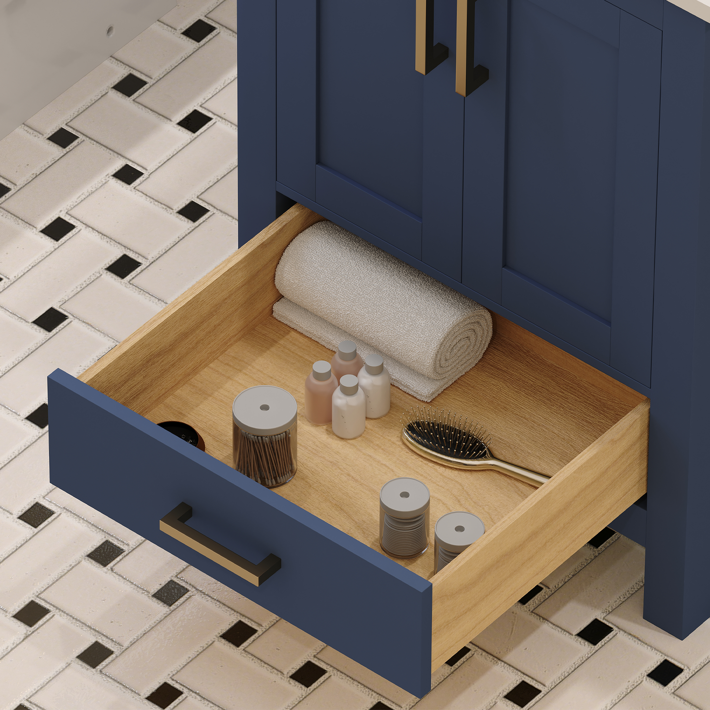 Rooh 24 Inch Solid Wood Bathroom Vanity with Undermount single Rectangle sink & White Quartz countertop 0.75 inch edge in white