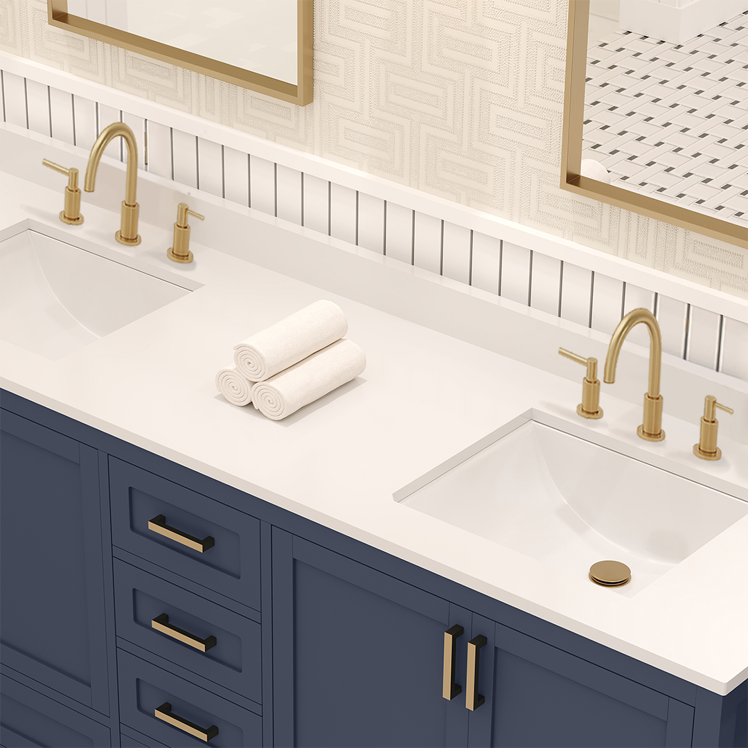 Rooh 72 Inch Solid Wood Bathroom Vanity with Undermount double Rectangle sinks & White Quartz countertop 0.75 inch edge in white