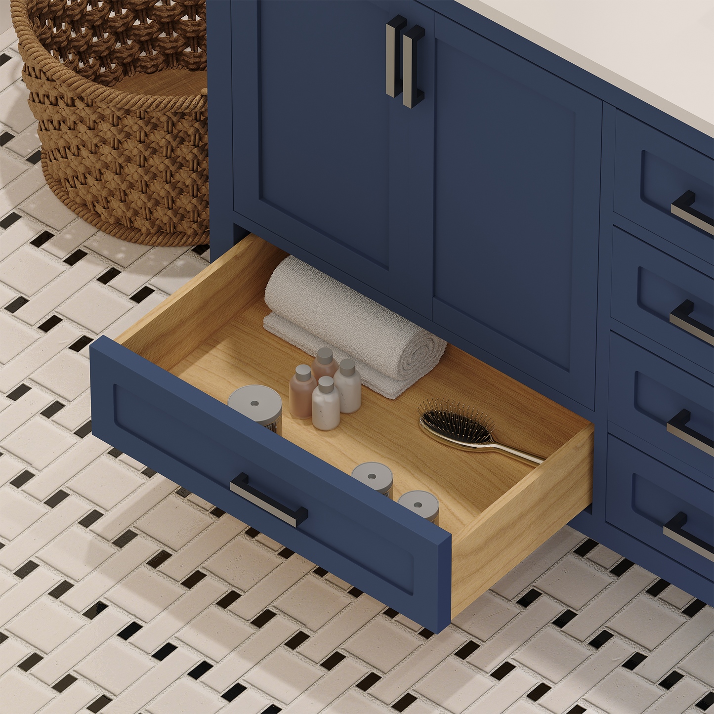 Rooh 60 Inch Solid Wood Bathroom Vanity with Undermount double Rectangle sinks & White Quartz countertop 0.75 inch edge in white