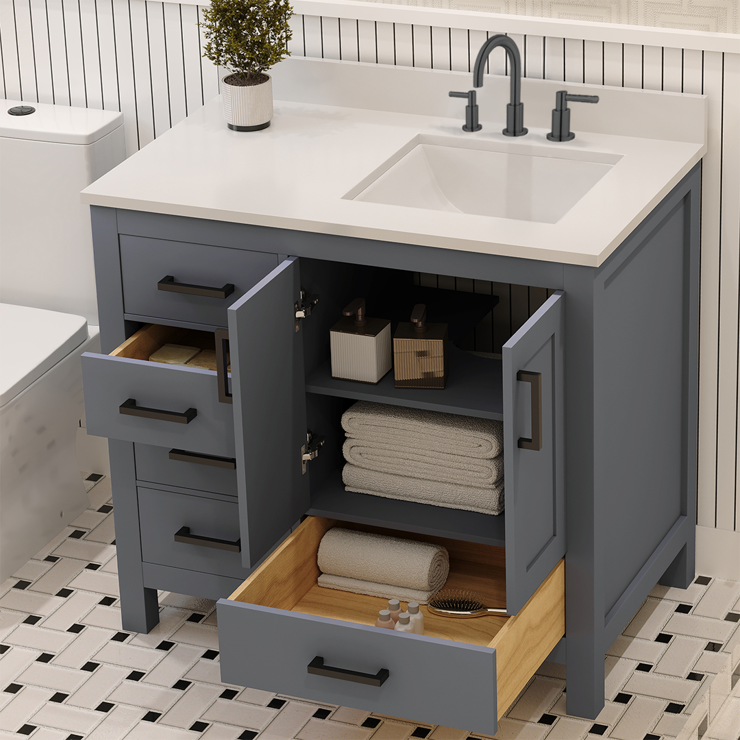 Rooh 36 Inch Right Solid Wood Single Bathroom Vanity with Undermount single Rectangle sink & White Quartz countertop 0.75 inch edge in white