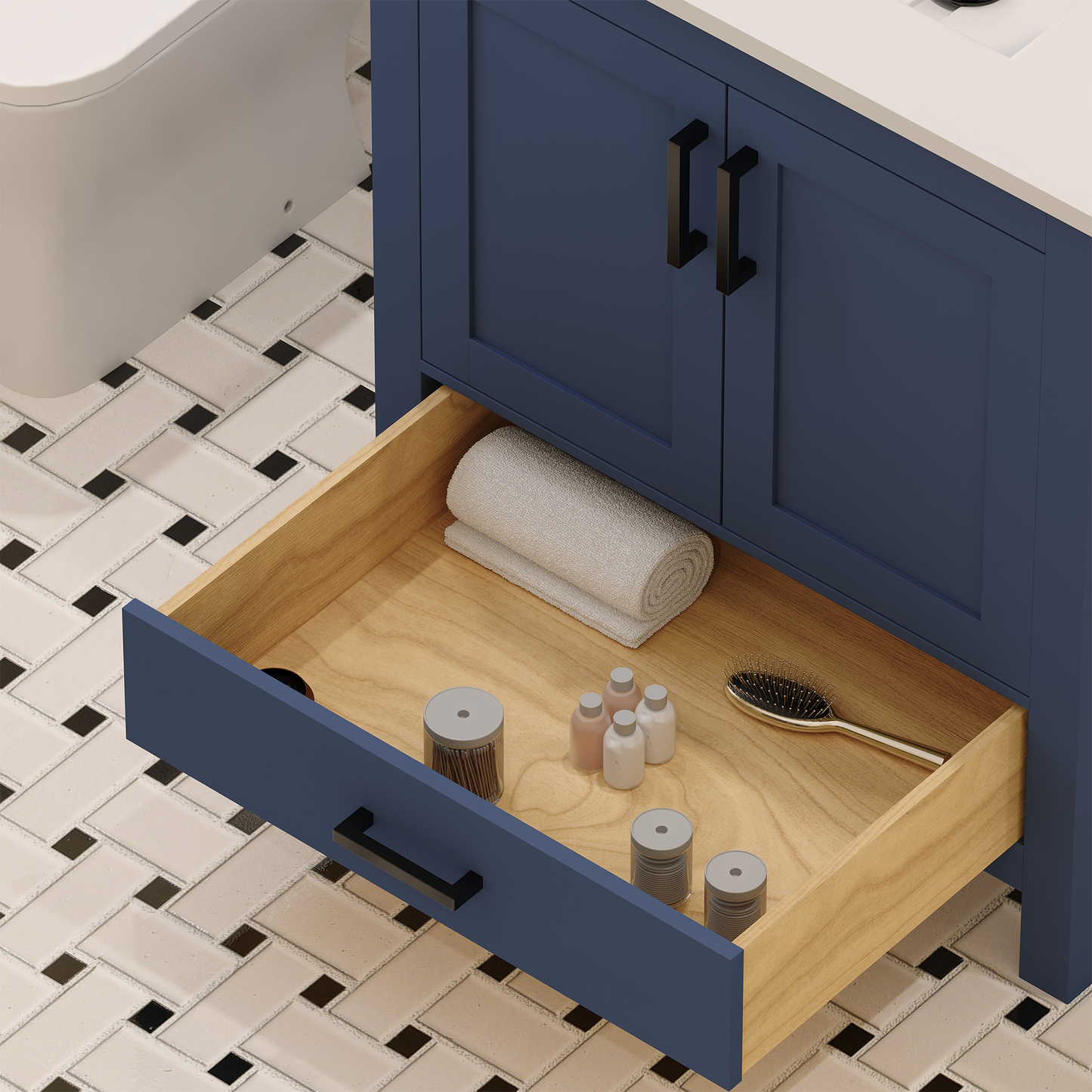 Rooh 30 Inch Solid Wood Bathroom Vanity with Undermount single Rectangle sink & White Quartz countertop 0.75 inch edge in white