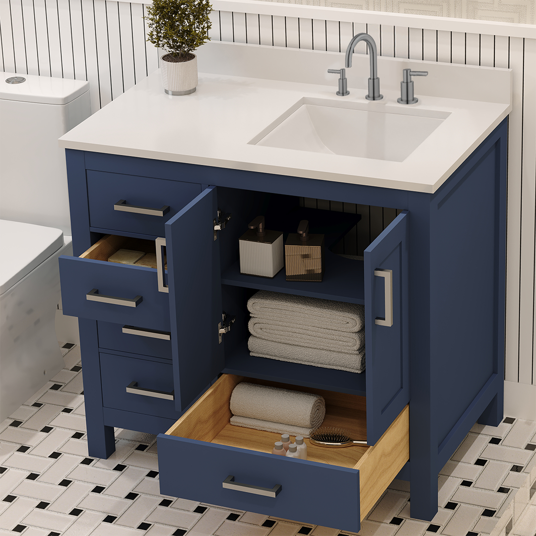 Rooh 36 Inch Right Solid Wood Single Bathroom Vanity with Undermount single Rectangle sink & White Quartz countertop 0.75 inch edge in white