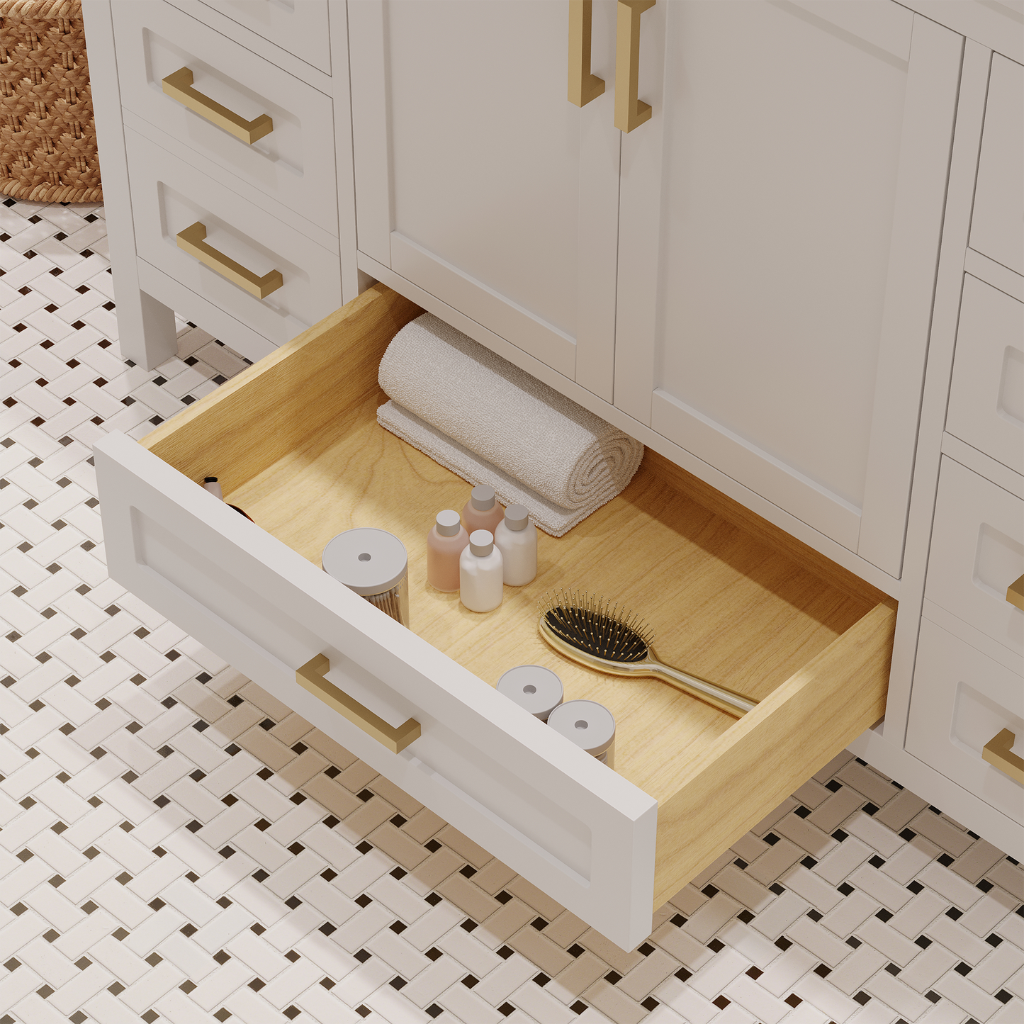 Rooh 48 Inch Solid Wood Bathroom Vanity with Undermount single Rectangle sink & White Quartz countertop 0.75 inch edge in white
