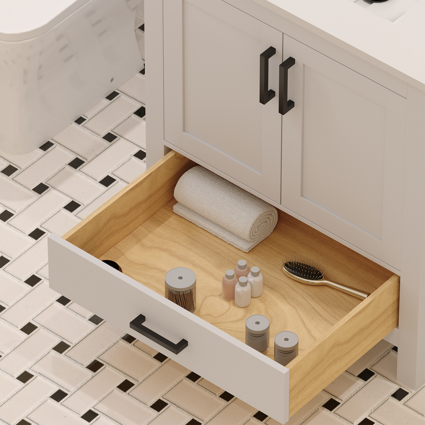 Rooh 30 Inch Solid Wood Bathroom Vanity with Undermount single Rectangle sink & White Quartz countertop 0.75 inch edge in white