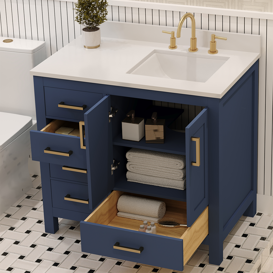 Rooh 36 Inch Right Solid Wood Single Bathroom Vanity with Undermount single Rectangle sink & White Quartz countertop 0.75 inch edge in white