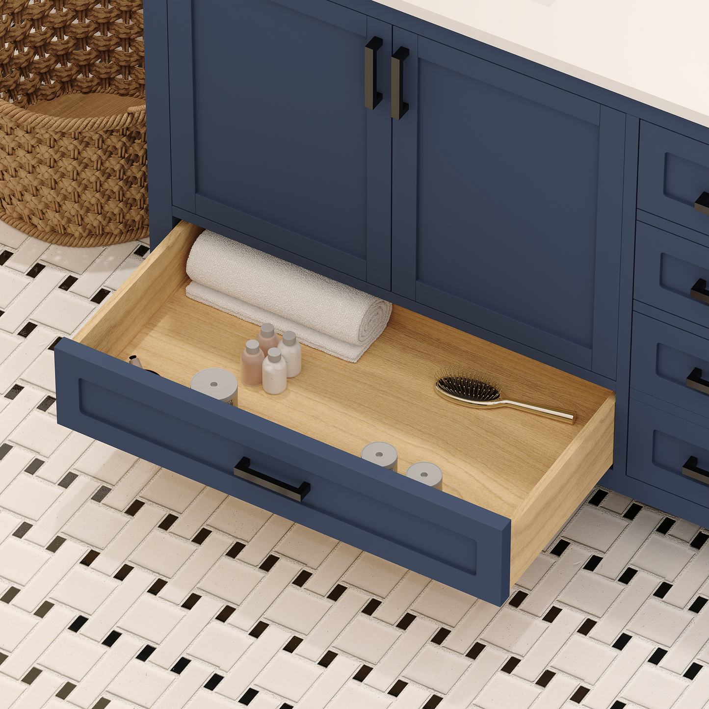 Rooh 72 Inch Solid Wood Bathroom Vanity with Undermount double Rectangle sinks & White Quartz countertop 0.75 inch edge in white