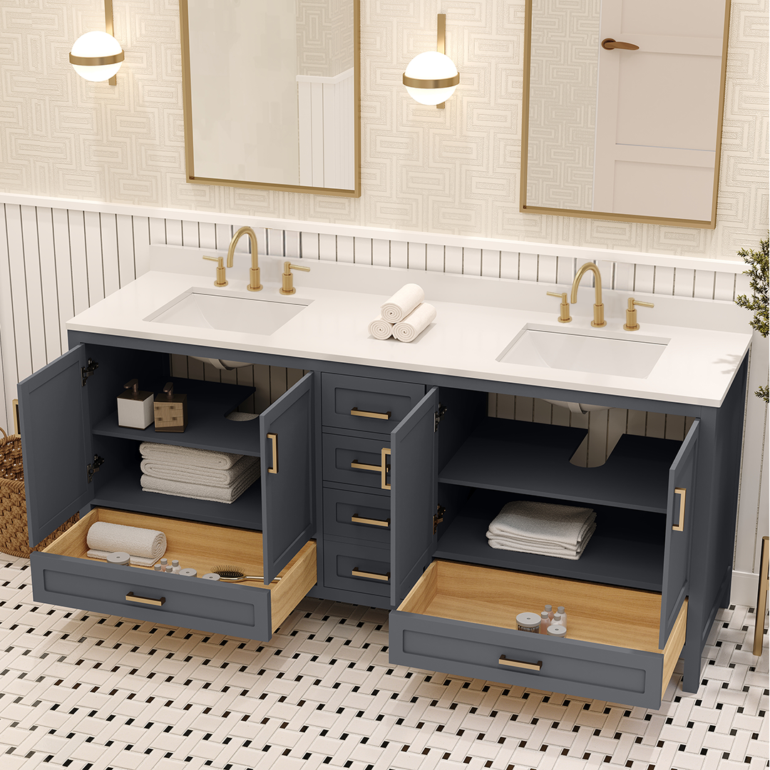 Rooh 72 Inch Solid Wood Bathroom Vanity with Undermount double Rectangle sinks & White Quartz countertop 0.75 inch edge in white