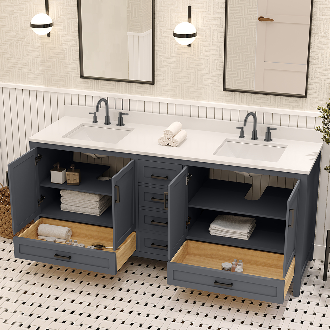 Rooh 72 Inch Solid Wood Bathroom Vanity with Undermount double Rectangle sinks & White Quartz countertop 0.75 inch edge in white