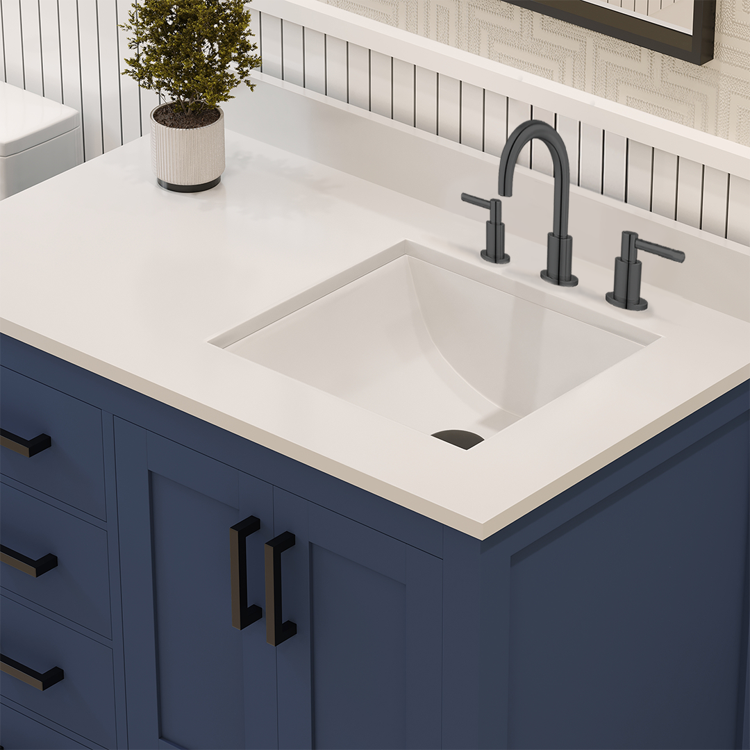 Rooh 36 Inch Right Solid Wood Single Bathroom Vanity with Undermount single Rectangle sink & White Quartz countertop 0.75 inch edge in white