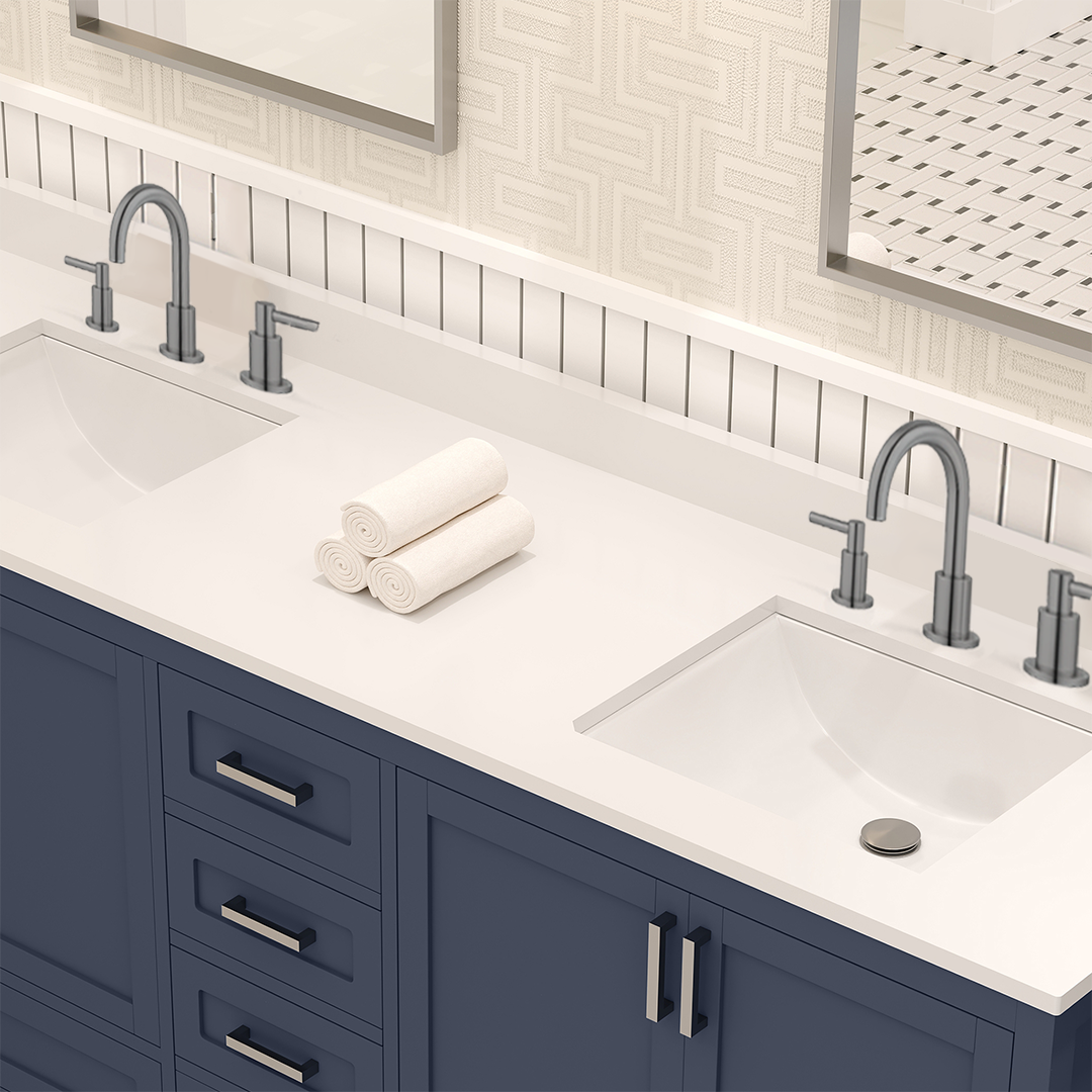 Rooh 72 Inch Solid Wood Bathroom Vanity with Undermount double Rectangle sinks & White Quartz countertop 0.75 inch edge in white