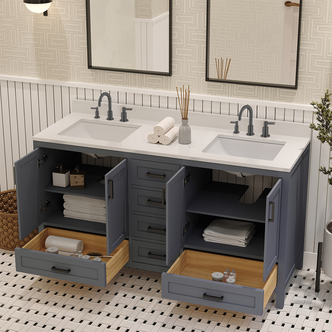 Rooh 60 Inch Solid Wood Bathroom Vanity with Undermount double Rectangle sinks & White Quartz countertop 0.75 inch edge in white