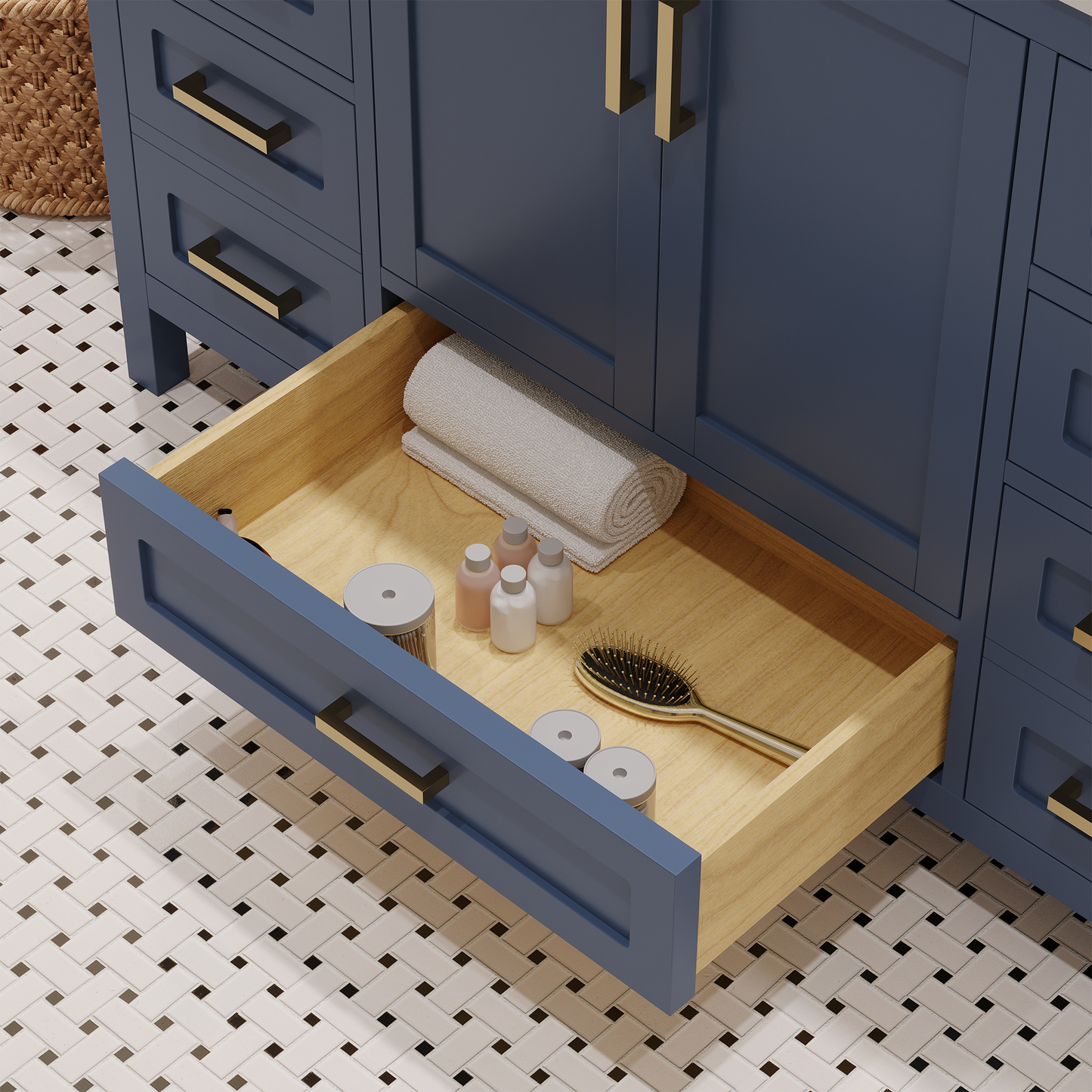 Rooh 48 Inch Solid Wood Bathroom Vanity with Undermount single Rectangle sink & White Quartz countertop 0.75 inch edge in white