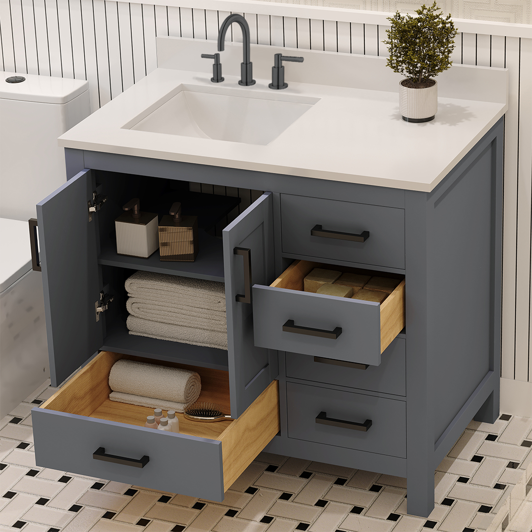 Rooh 36 Inch Left Solid Wood Single Bathroom Vanity with Undermount single Rectangle sink & White Quartz countertop 0.75 inch edge in white