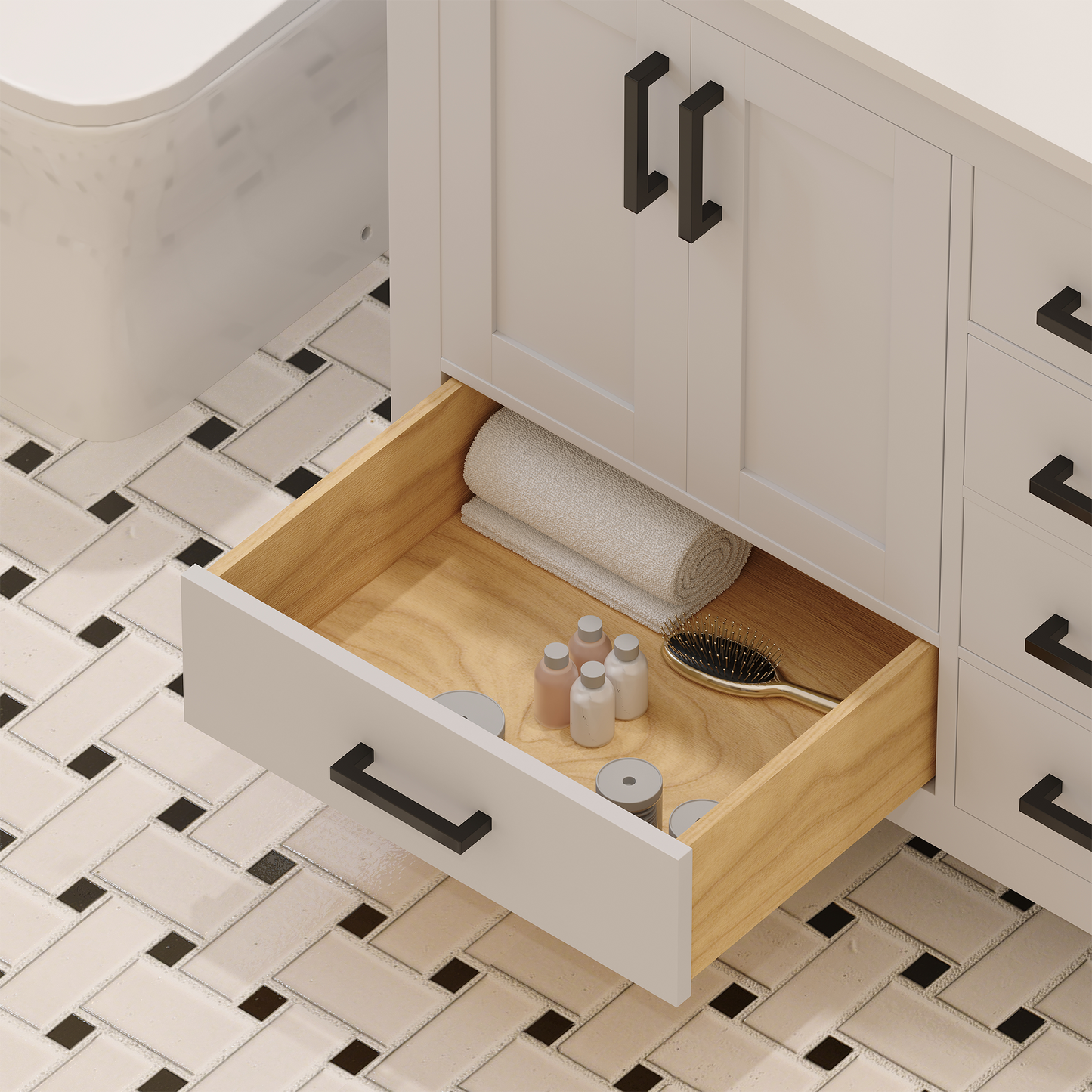 Rooh 36 Inch Left Solid Wood Single Bathroom Vanity with Undermount single Rectangle sink & White Quartz countertop 0.75 inch edge in white