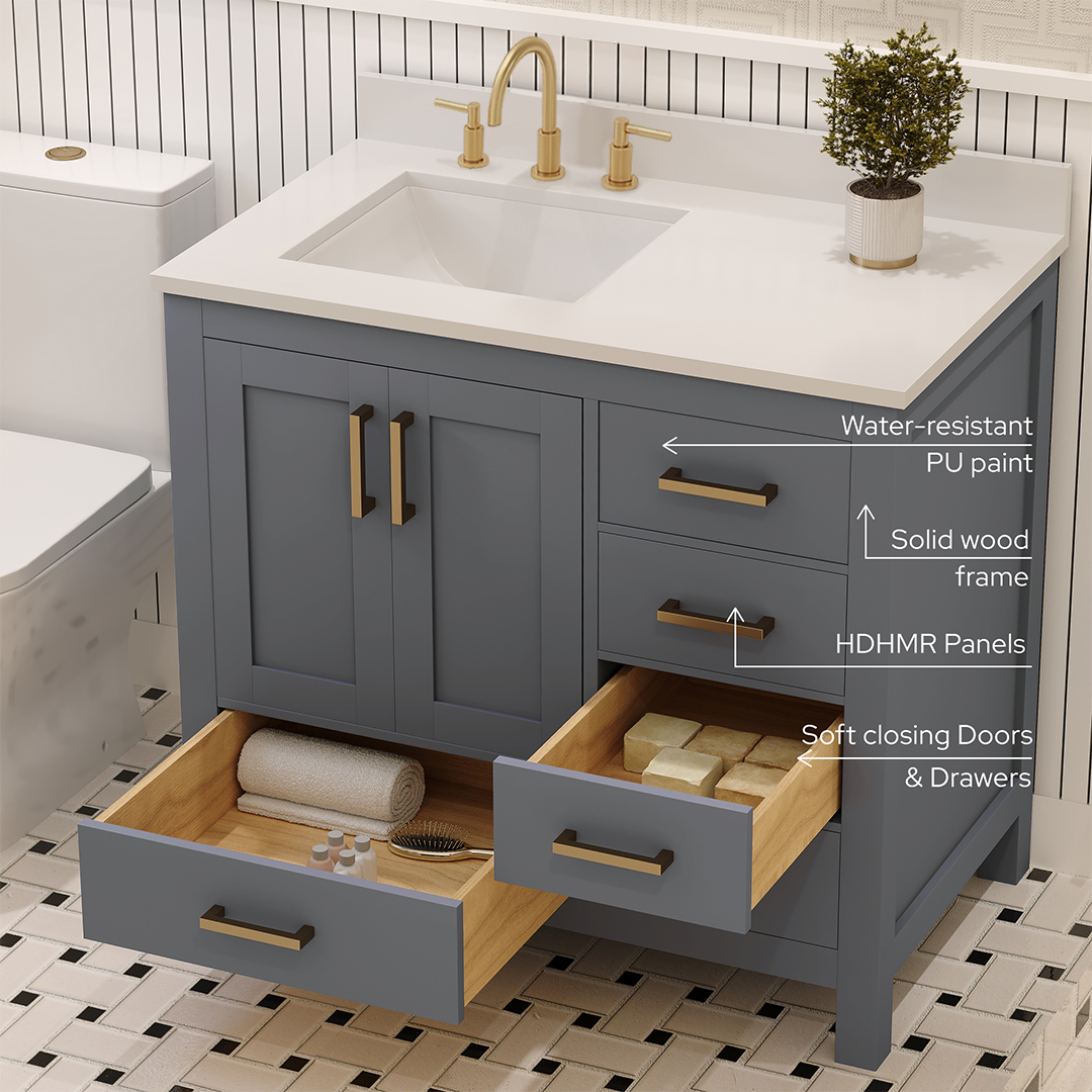 Rooh 36 Inch Left Solid Wood Single Bathroom Vanity with Undermount single Rectangle sink & White Quartz countertop 0.75 inch edge in white