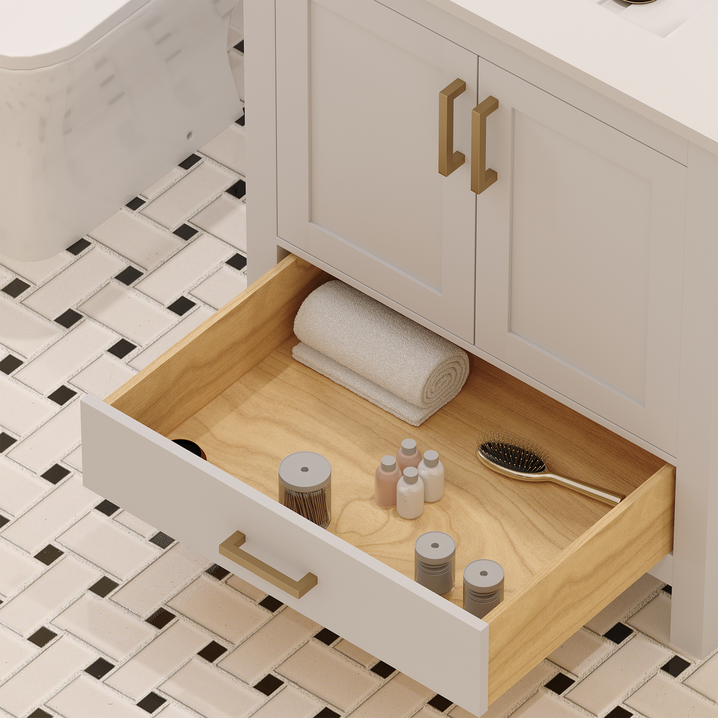 Rooh 30 Inch Solid Wood Bathroom Vanity with Undermount single Rectangle sink & White Quartz countertop 0.75 inch edge in white