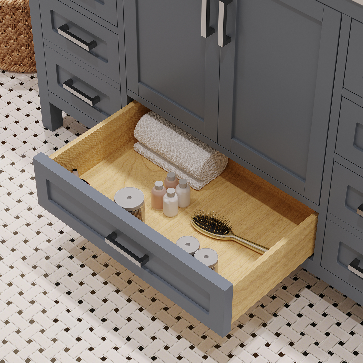 Rooh 48 Inch Solid Wood Bathroom Vanity with Undermount single Rectangle sink & White Quartz countertop 0.75 inch edge in white