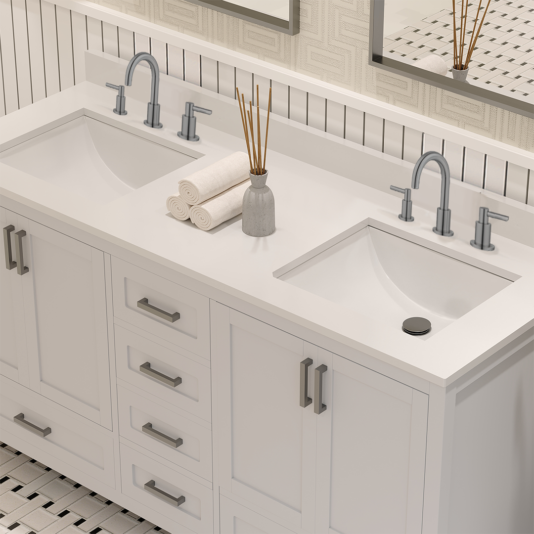 Rooh 60 Inch Solid Wood Bathroom Vanity with Undermount double Rectangle sinks & White Quartz countertop 0.75 inch edge in white