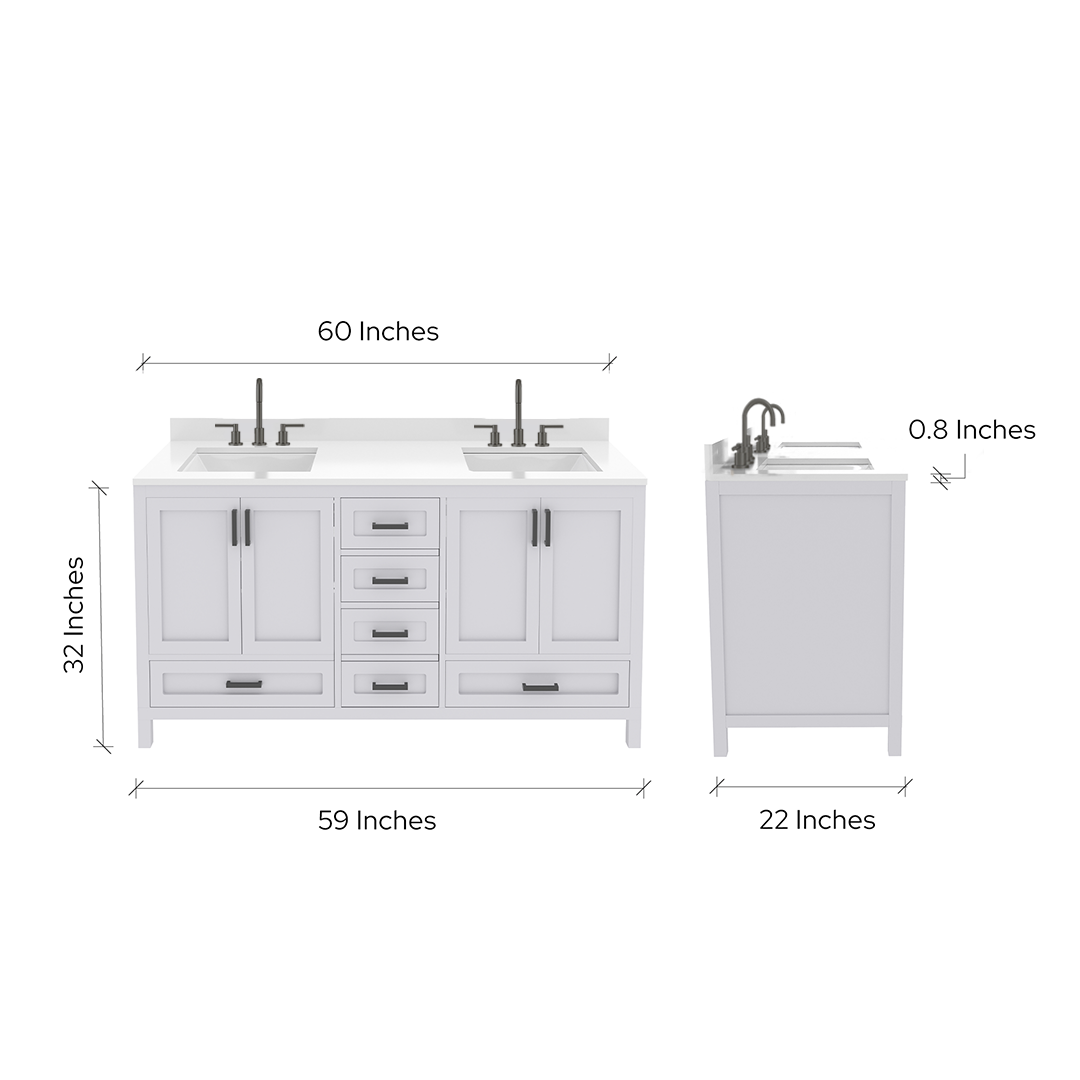 Rooh 60 Inch Solid Wood Bathroom Vanity with Undermount double Rectangle sinks & White Quartz countertop 0.75 inch edge in white
