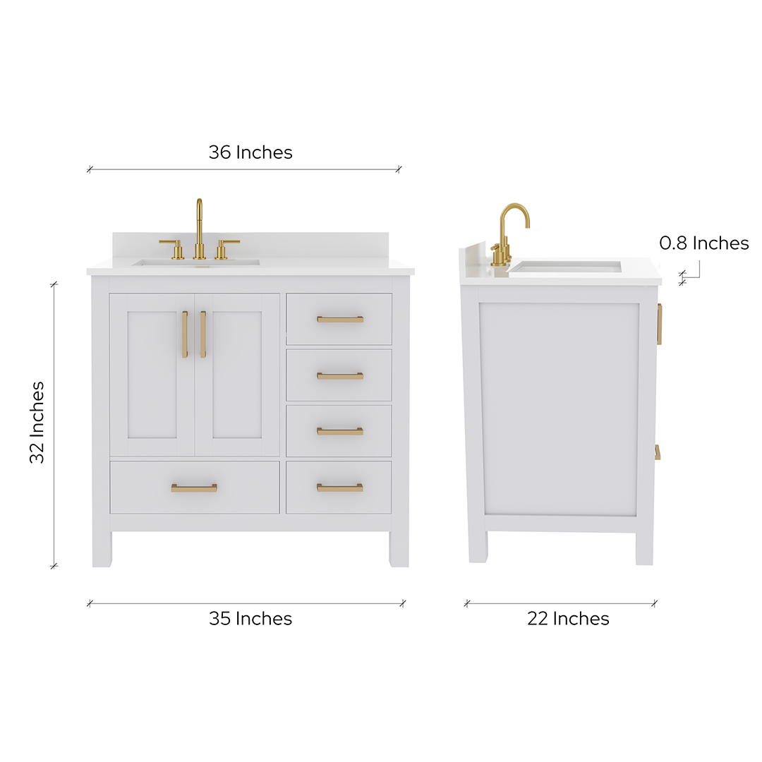 Rooh 36 Inch Left Solid Wood Single Bathroom Vanity with Undermount single Rectangle sink & White Quartz countertop 0.75 inch edge in white