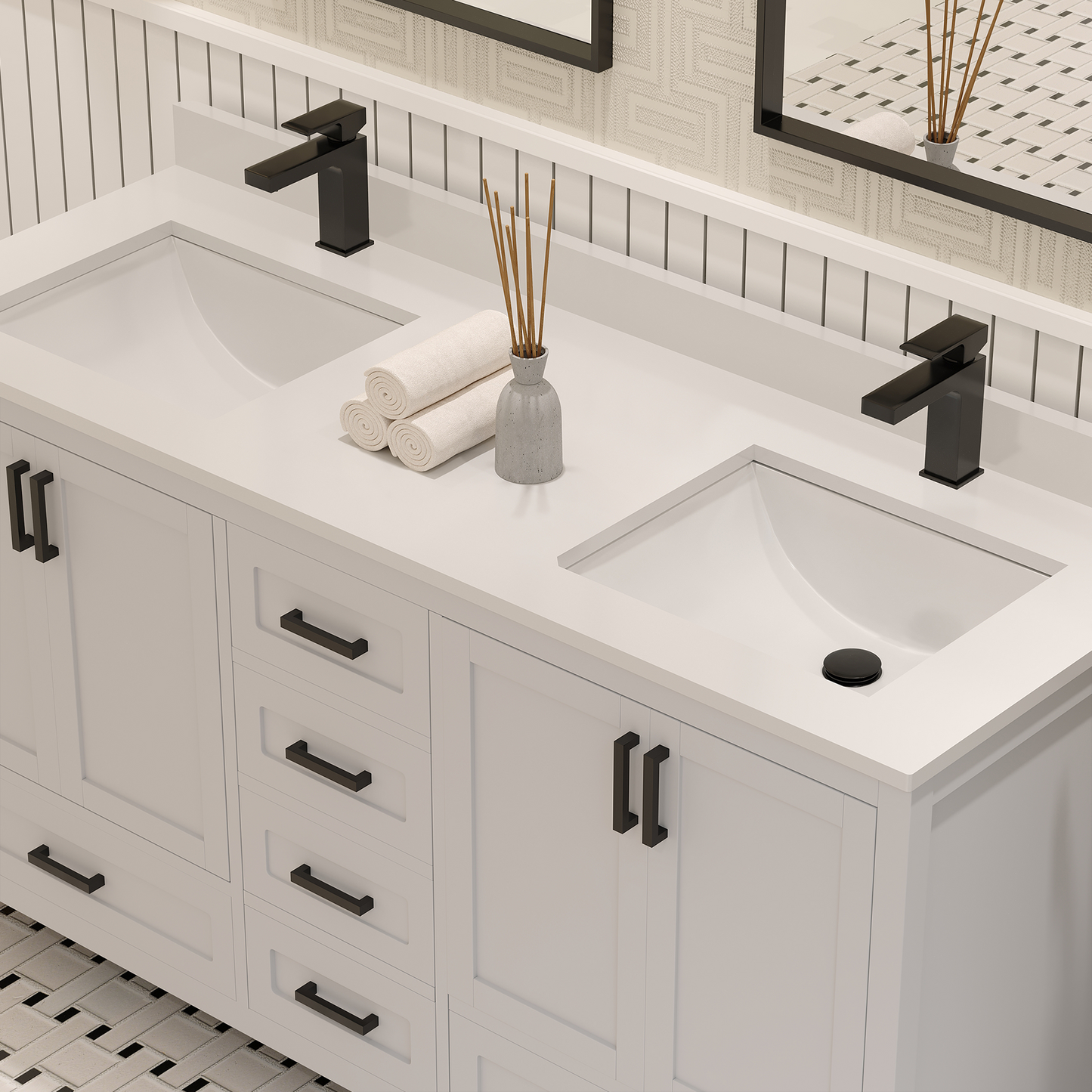 Rooh 60 Inch Solid Wood Bathroom Vanity with Undermount double Rectangle sinks & White Quartz countertop 0.75 inch edge in white