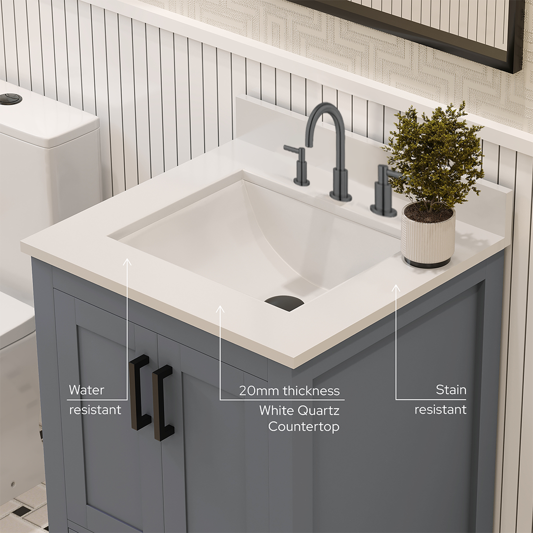 Rooh 24 Inch Solid Wood Bathroom Vanity with Undermount single Rectangle sink & White Quartz countertop 0.75 inch edge in white
