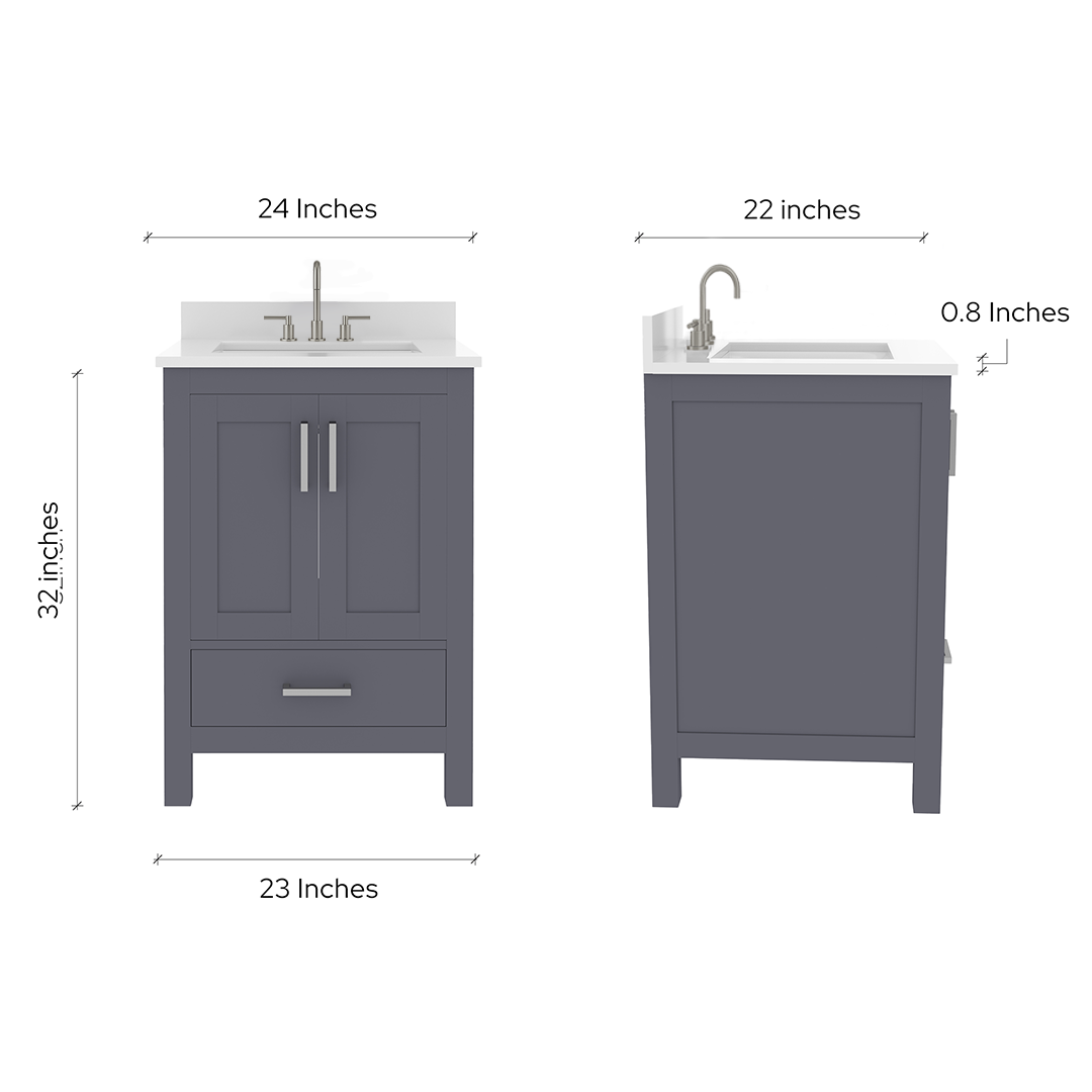 Rooh 24 Inch Solid Wood Bathroom Vanity with Undermount single Rectangle sink & White Quartz countertop 0.75 inch edge in white