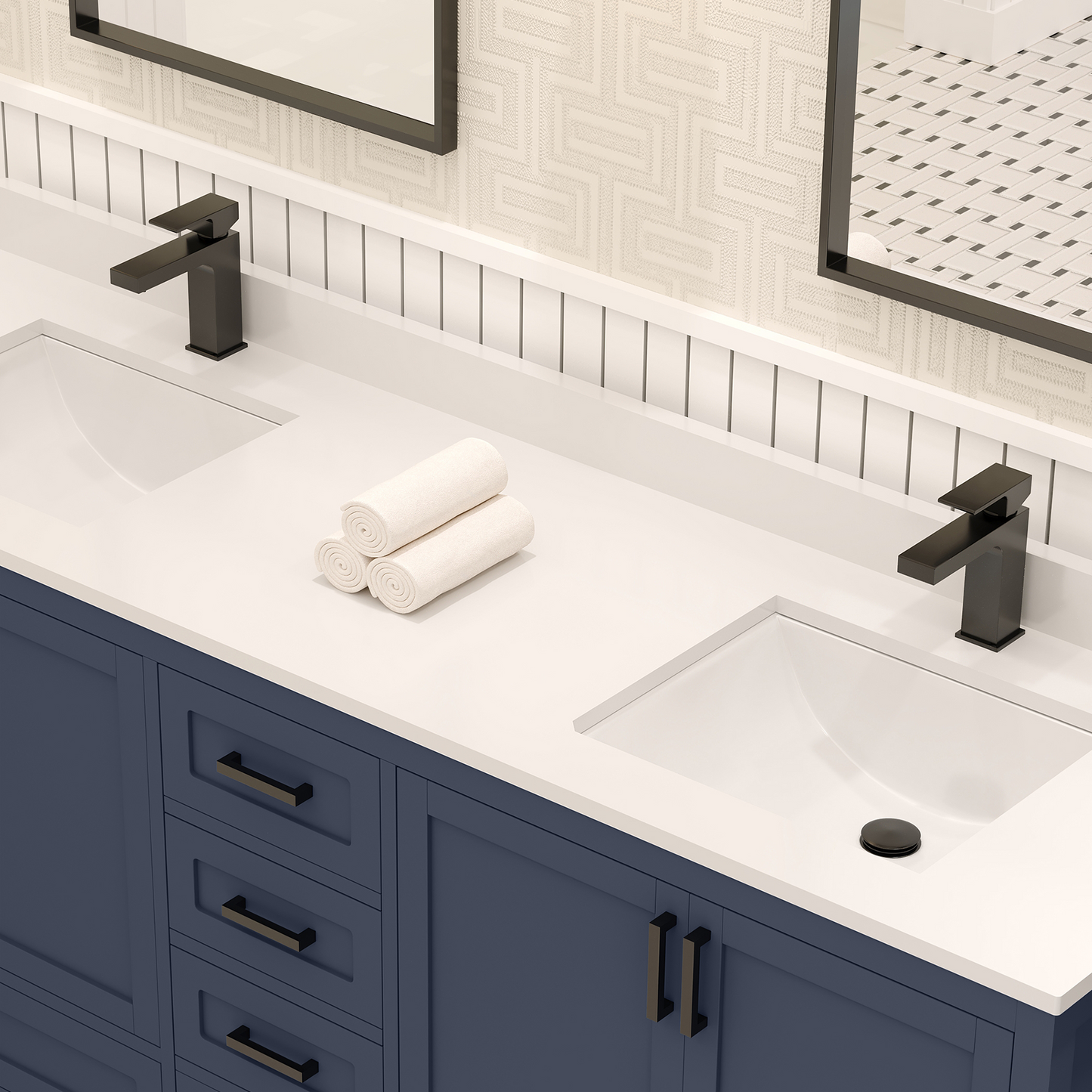 Rooh 72 Inch Solid Wood Bathroom Vanity with Undermount double Rectangle sinks & White Quartz countertop 0.75 inch edge in white