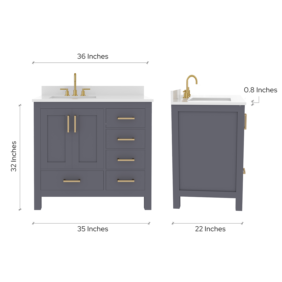 Rooh 36 Inch Left Solid Wood Single Bathroom Vanity with Undermount single Rectangle sink & White Quartz countertop 0.75 inch edge in white