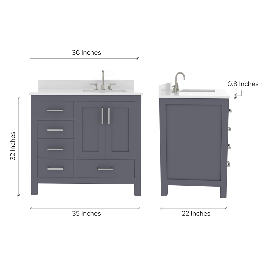 Rooh 36 Inch Right Solid Wood Single Bathroom Vanity with Undermount single Rectangle sink & White Quartz countertop 0.75 inch edge in white