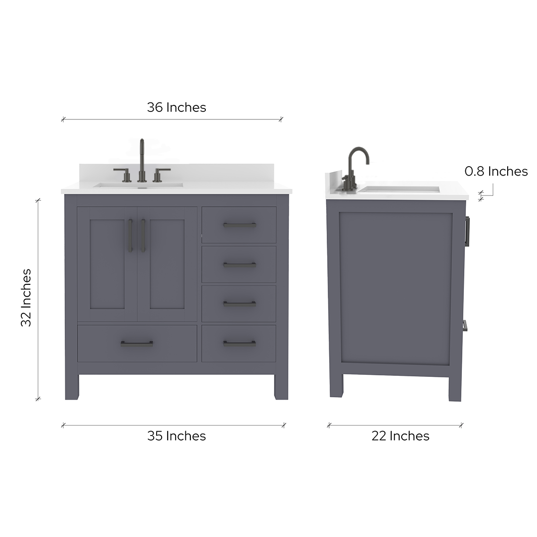 Rooh 36 Inch Left Solid Wood Single Bathroom Vanity with Undermount single Rectangle sink & White Quartz countertop 0.75 inch edge in white