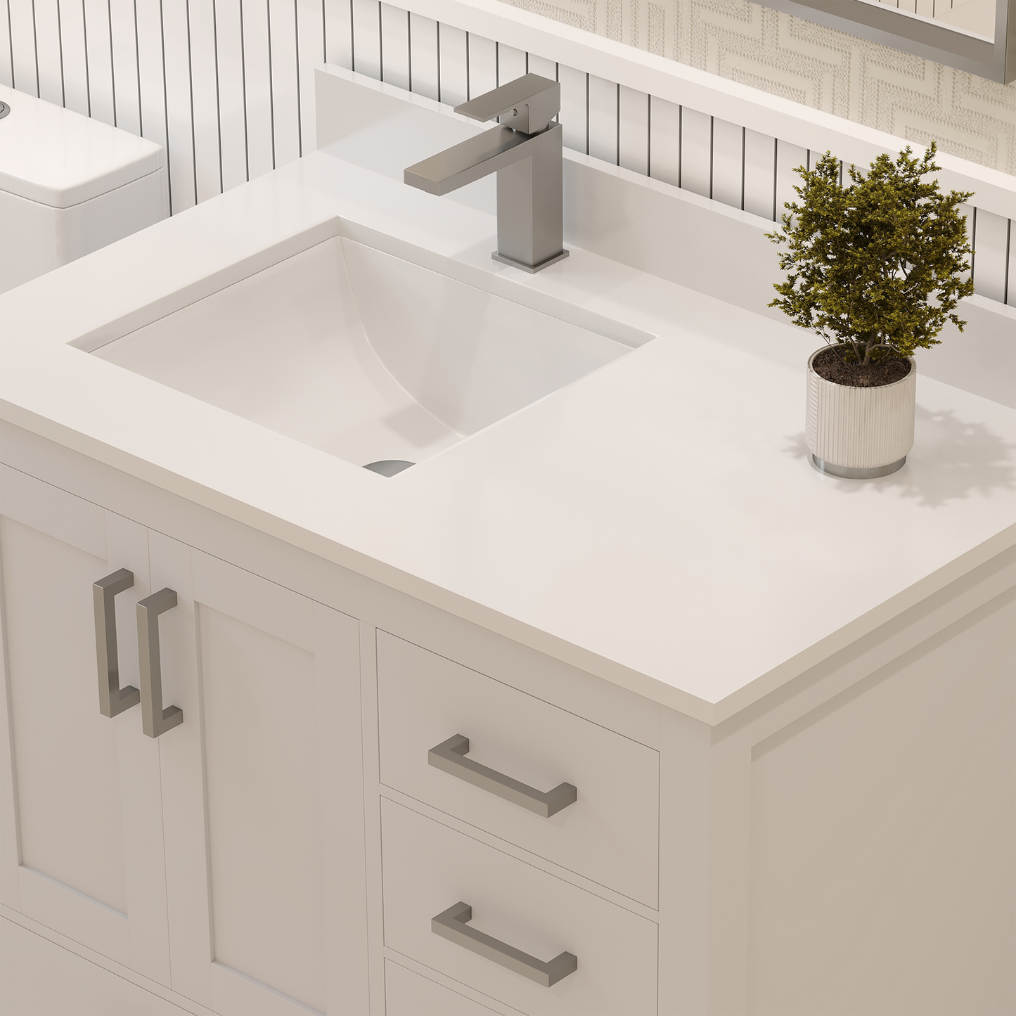 Rooh 36 Inch Left Solid Wood Single Bathroom Vanity with Undermount single Rectangle sink & White Quartz countertop 0.75 inch edge in white