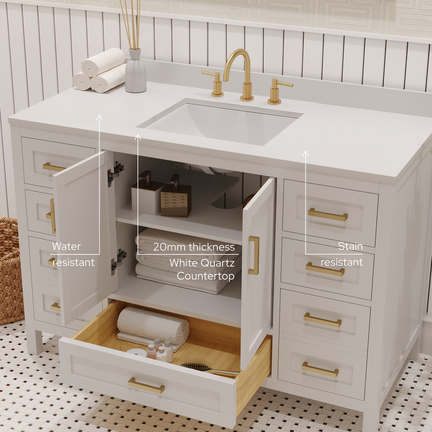 Rooh 48 Inch Solid Wood Bathroom Vanity with Undermount single Rectangle sink & White Quartz countertop 0.75 inch edge in white