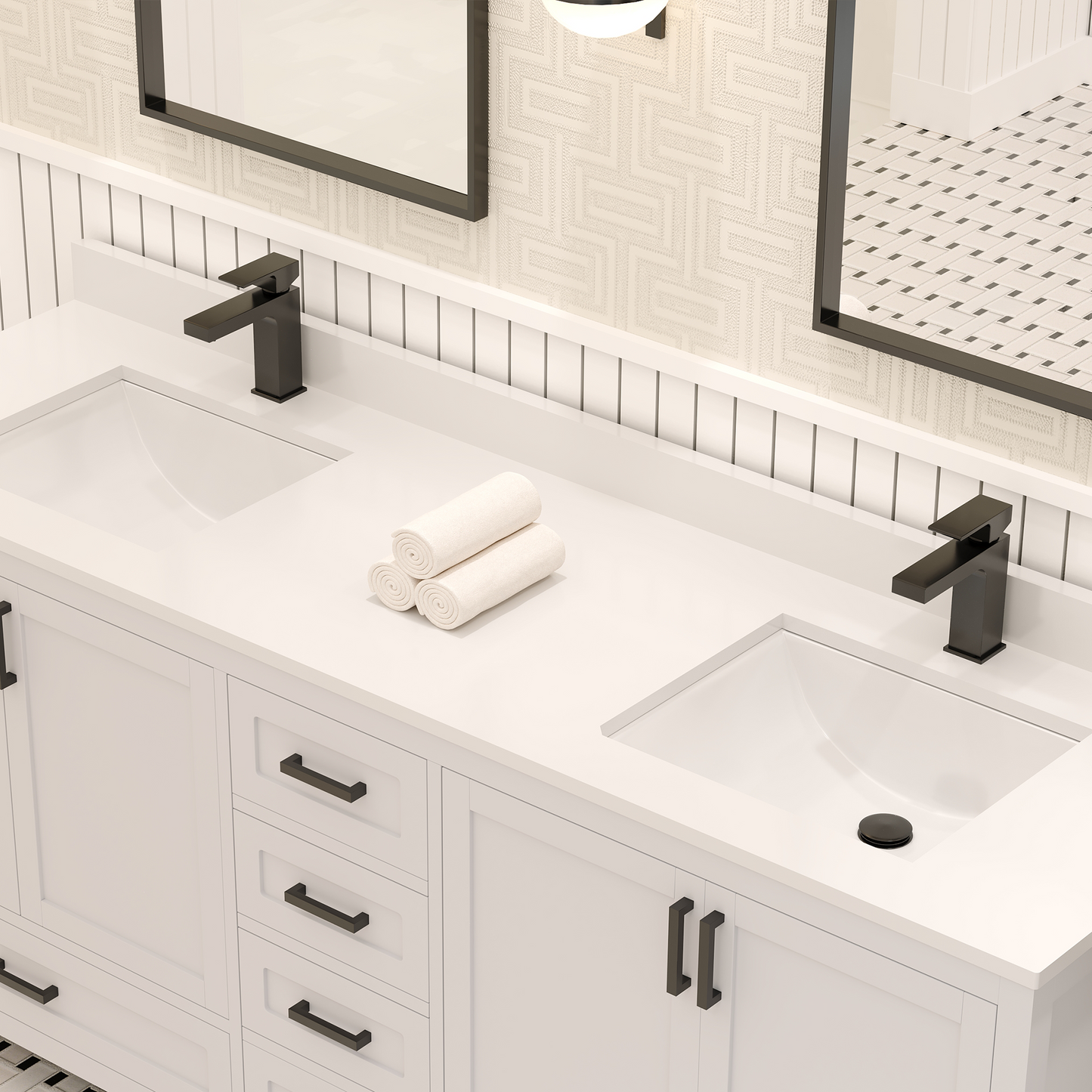 Rooh 72 Inch Solid Wood Bathroom Vanity with Undermount double Rectangle sinks & White Quartz countertop 0.75 inch edge in white