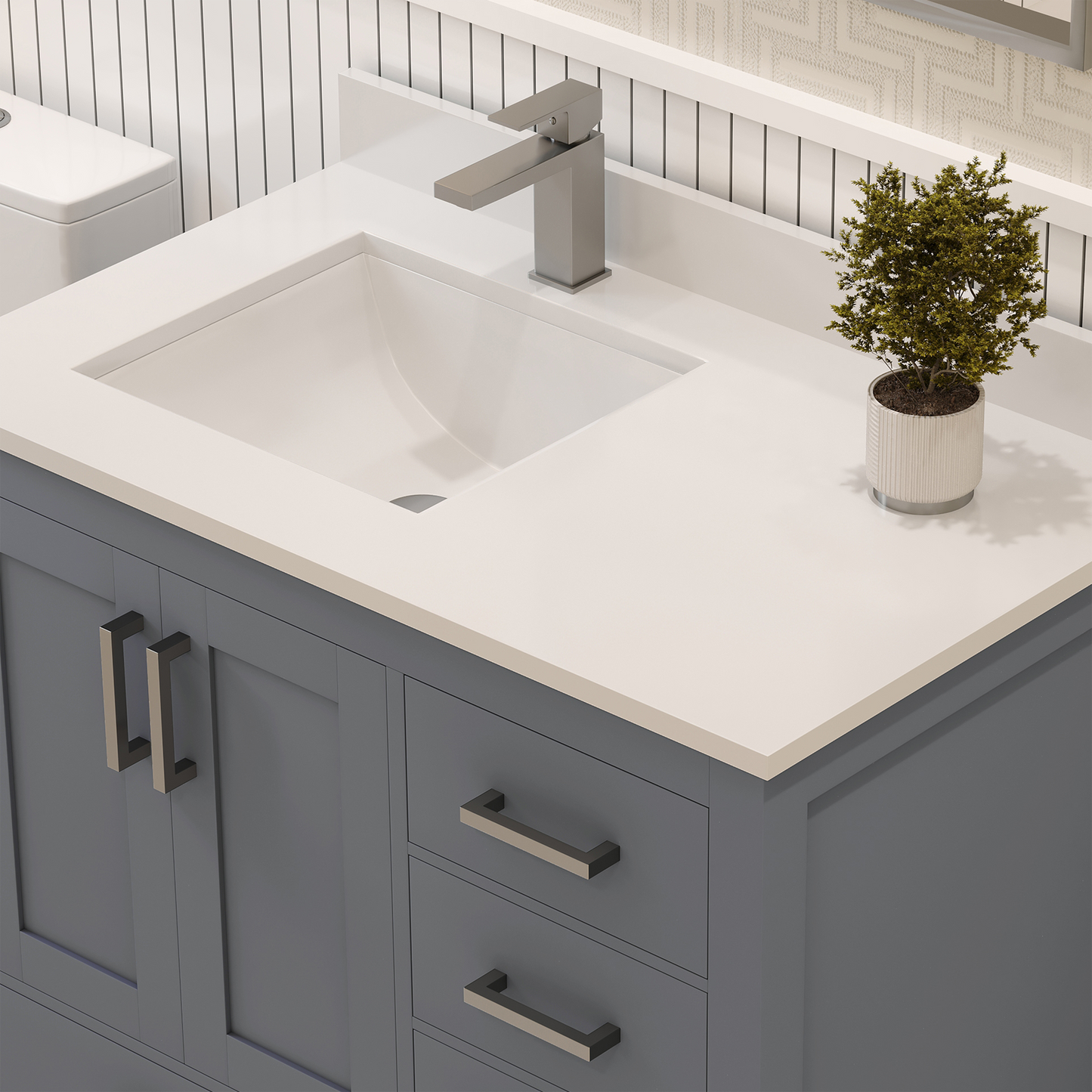 Rooh 36 Inch Left Solid Wood Single Bathroom Vanity with Undermount single Rectangle sink & White Quartz countertop 0.75 inch edge in white