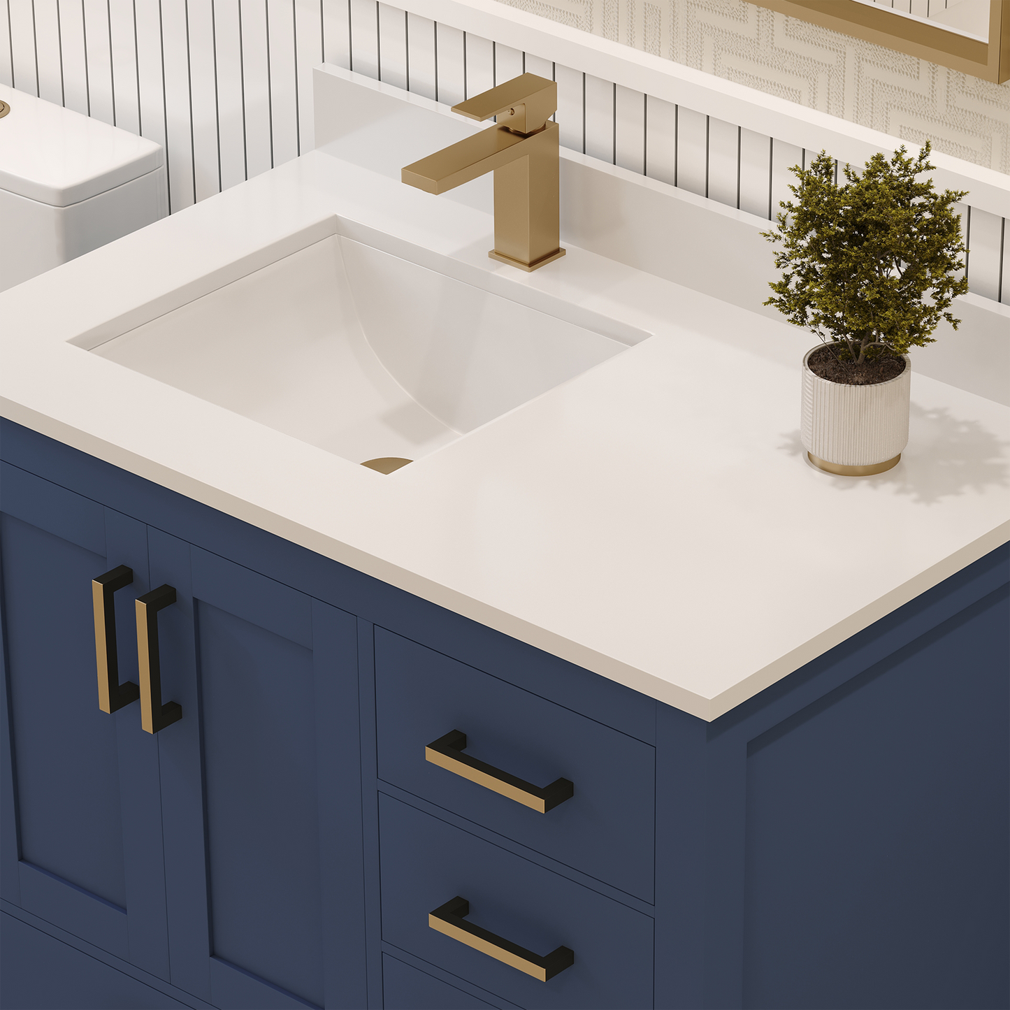 Rooh 36 Inch Left Solid Wood Single Bathroom Vanity with Undermount single Rectangle sink & White Quartz countertop 0.75 inch edge in white