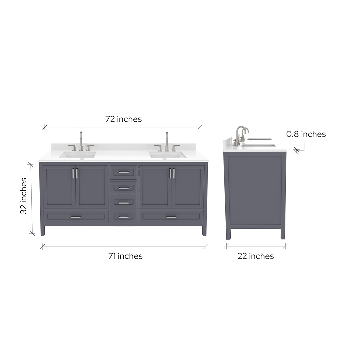 Rooh 72 Inch Solid Wood Bathroom Vanity with Undermount double Rectangle sinks & White Quartz countertop 0.75 inch edge in white