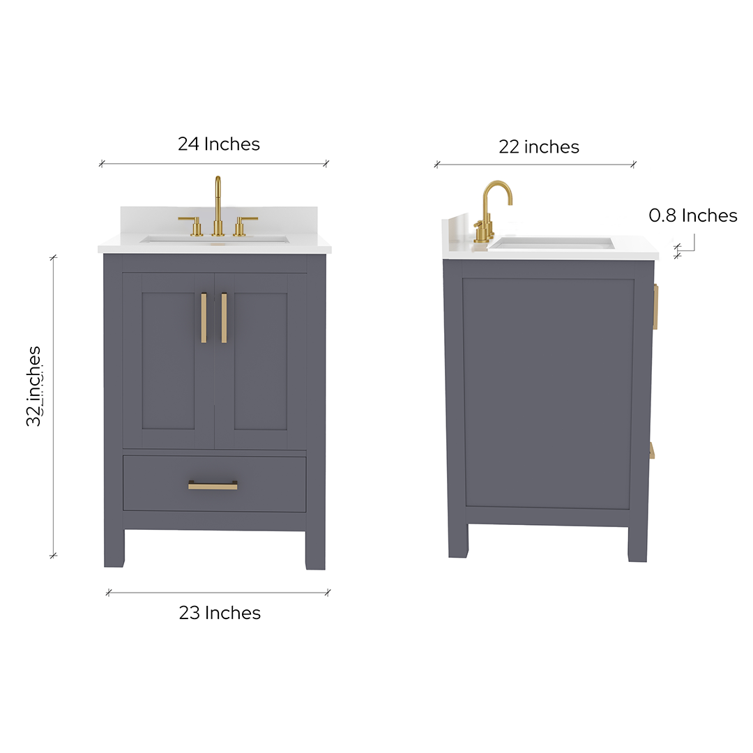 Rooh 24 Inch Solid Wood Bathroom Vanity with Undermount single Rectangle sink & White Quartz countertop 0.75 inch edge in white