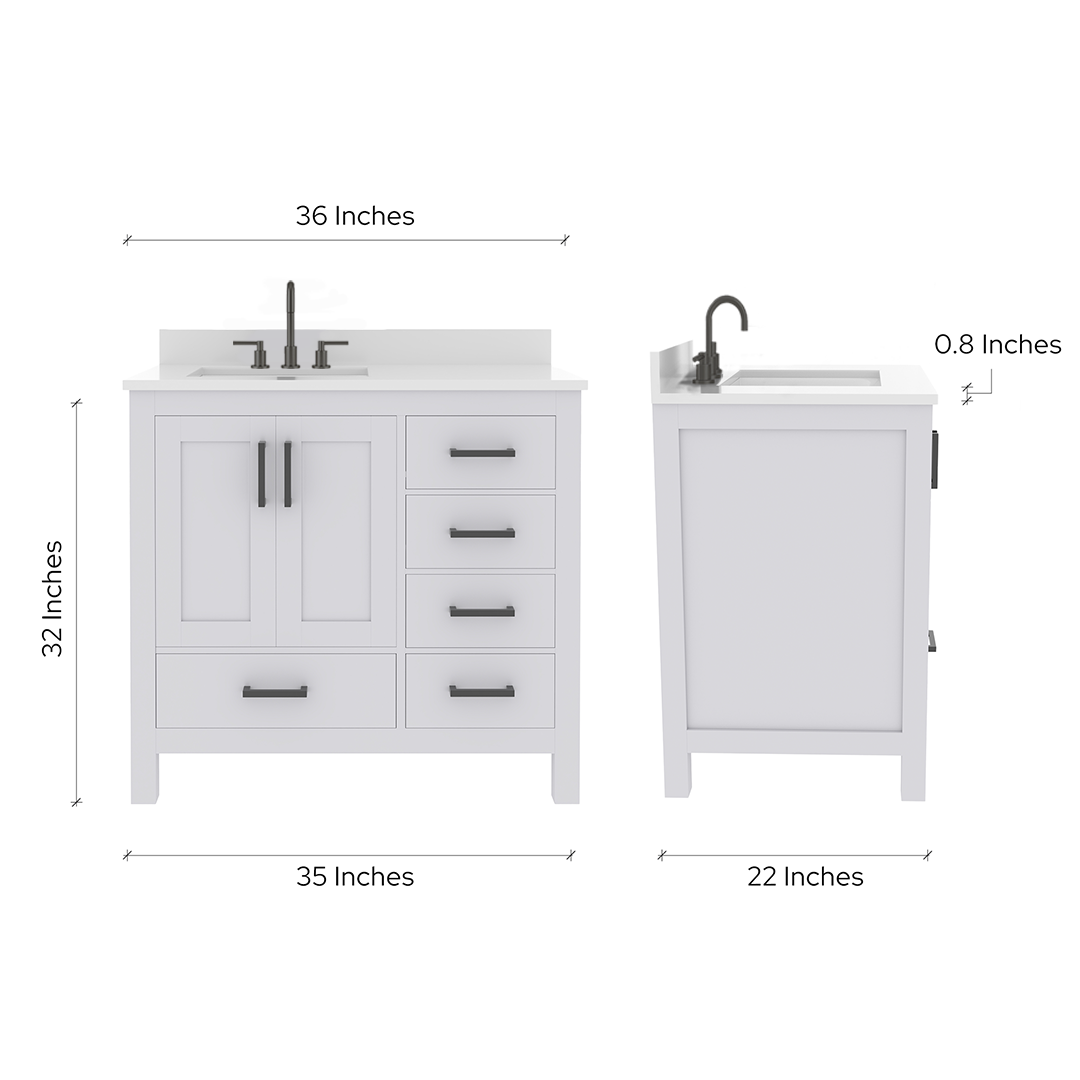 Rooh 36 Inch Left Solid Wood Single Bathroom Vanity with Undermount single Rectangle sink & White Quartz countertop 0.75 inch edge in white
