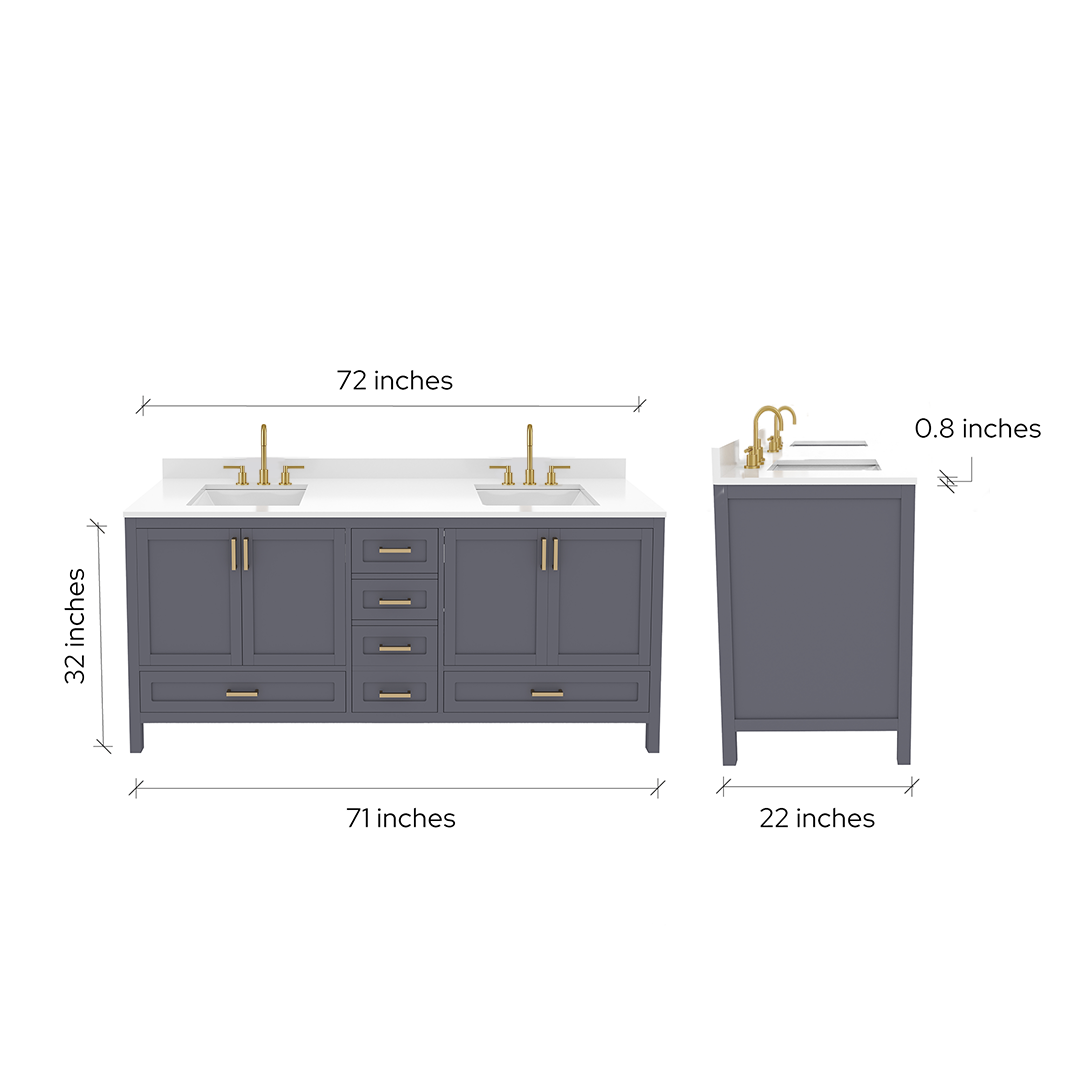 Rooh 72 Inch Solid Wood Bathroom Vanity with Undermount double Rectangle sinks & White Quartz countertop 0.75 inch edge in white