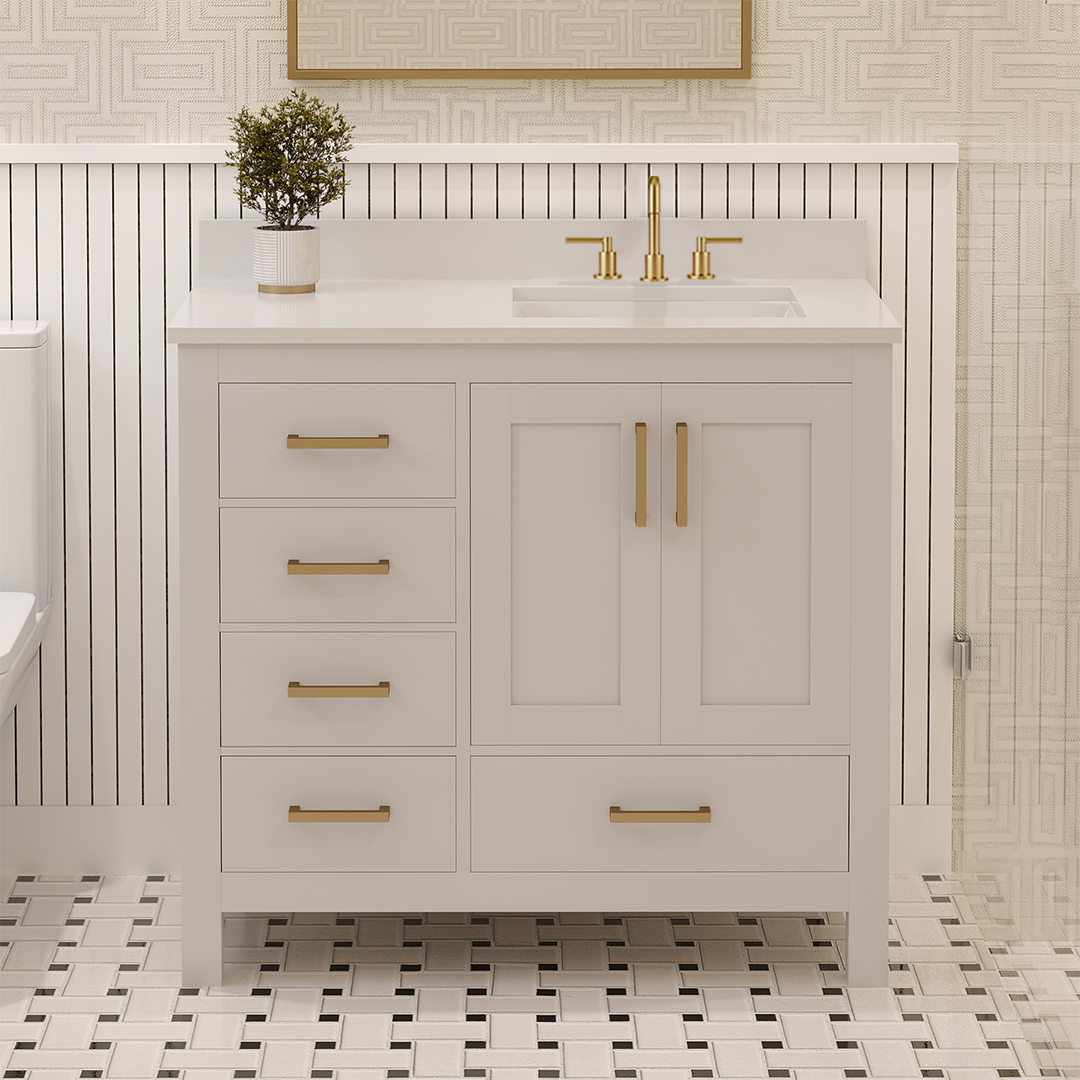 Rooh 36 Inch Right Solid Wood Single Bathroom Vanity with Undermount single Rectangle sink & White Quartz countertop 0.75 inch edge in white