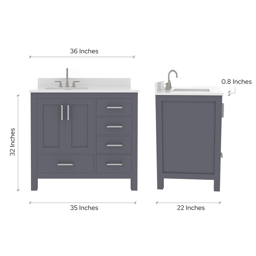 Rooh 36 Inch Left Solid Wood Single Bathroom Vanity with Undermount single Rectangle sink & White Quartz countertop 0.75 inch edge in white