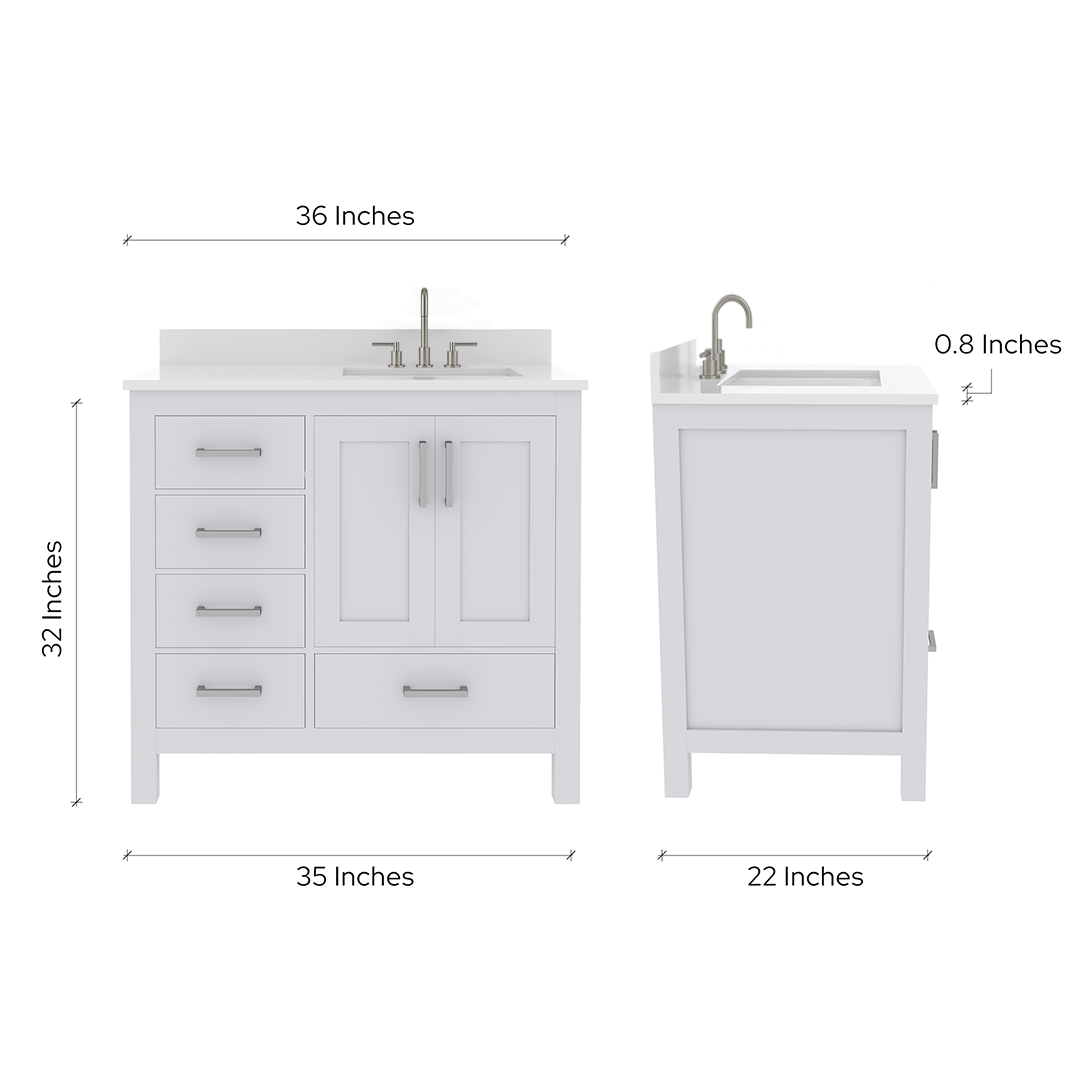 Rooh 36 Inch Right Solid Wood Single Bathroom Vanity with Undermount single Rectangle sink & White Quartz countertop 0.75 inch edge in white