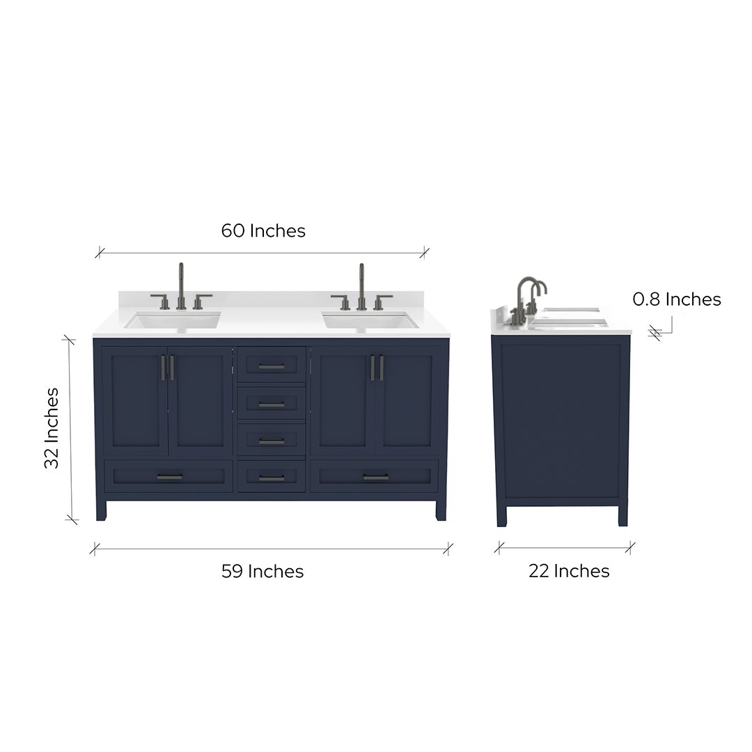 Rooh 60 Inch Solid Wood Bathroom Vanity with Undermount double Rectangle sinks & White Quartz countertop 0.75 inch edge in white