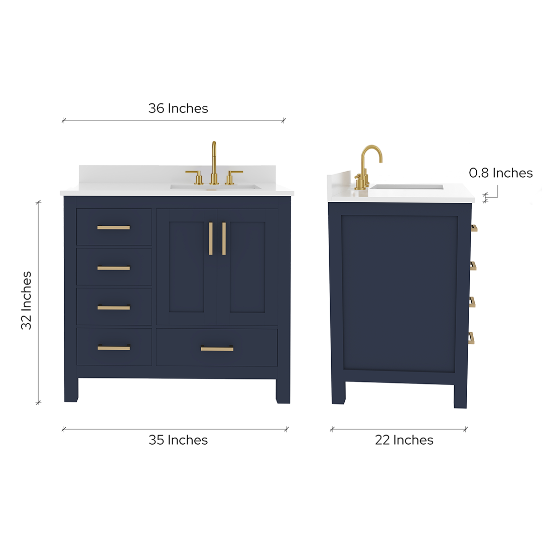 Rooh 36 Inch Right Solid Wood Single Bathroom Vanity with Undermount single Rectangle sink & White Quartz countertop 0.75 inch edge in white