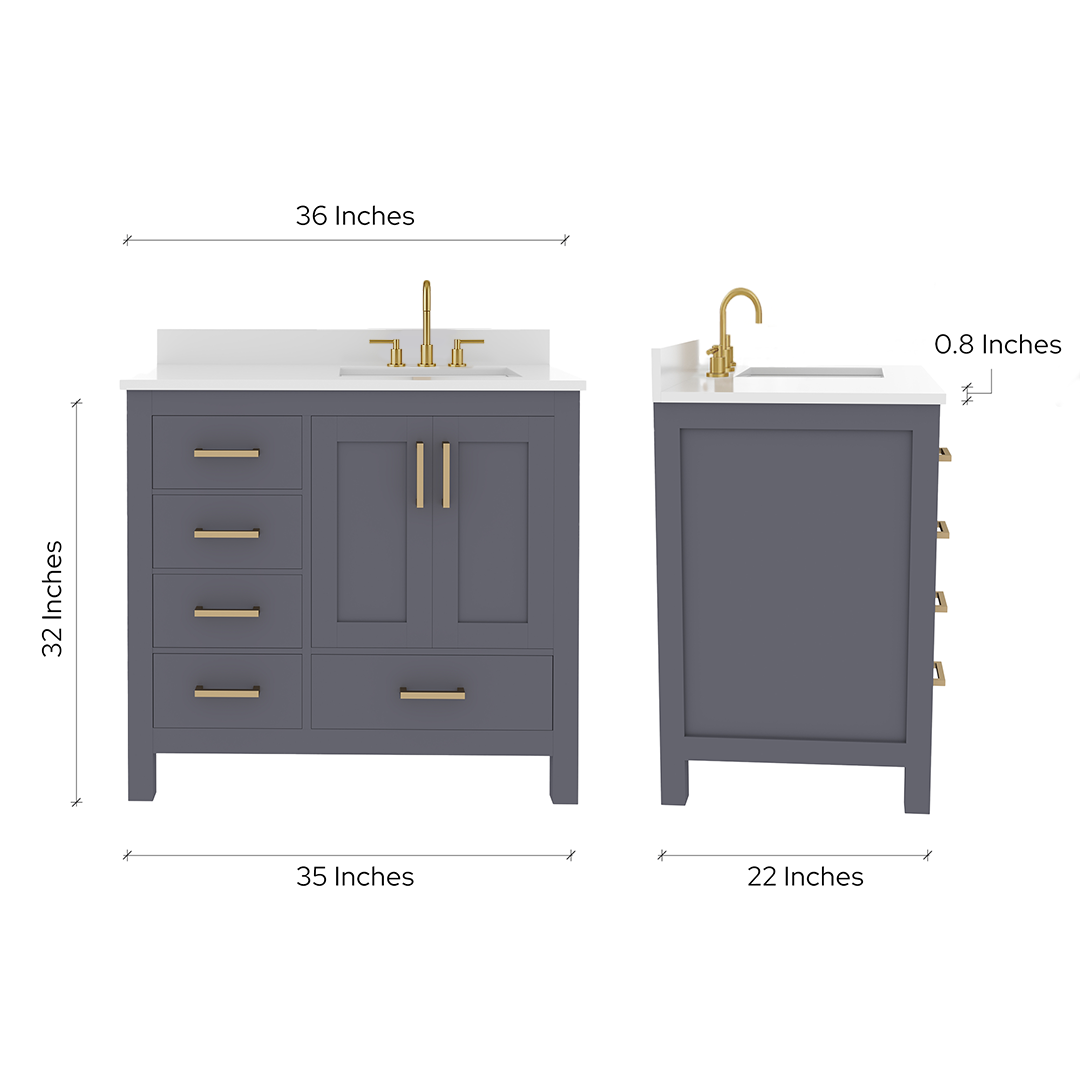 Rooh 36 Inch Right Solid Wood Single Bathroom Vanity with Undermount single Rectangle sink & White Quartz countertop 0.75 inch edge in white