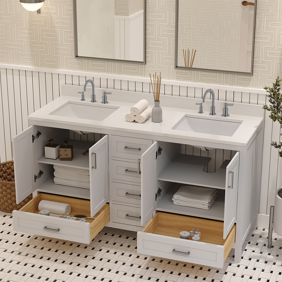 Rooh 60 Inch Solid Wood Bathroom Vanity with Undermount double Rectangle sinks & White Quartz countertop 0.75 inch edge in white