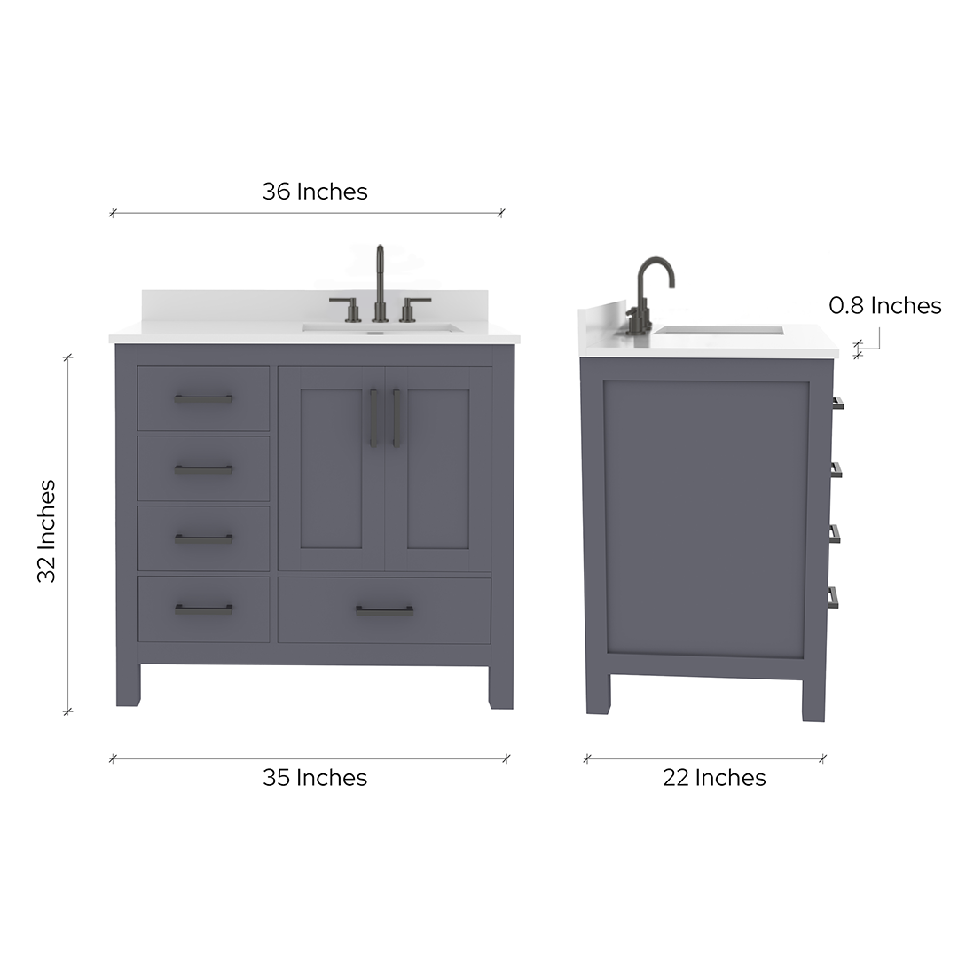 Rooh 36 Inch Right Solid Wood Single Bathroom Vanity with Undermount single Rectangle sink & White Quartz countertop 0.75 inch edge in white