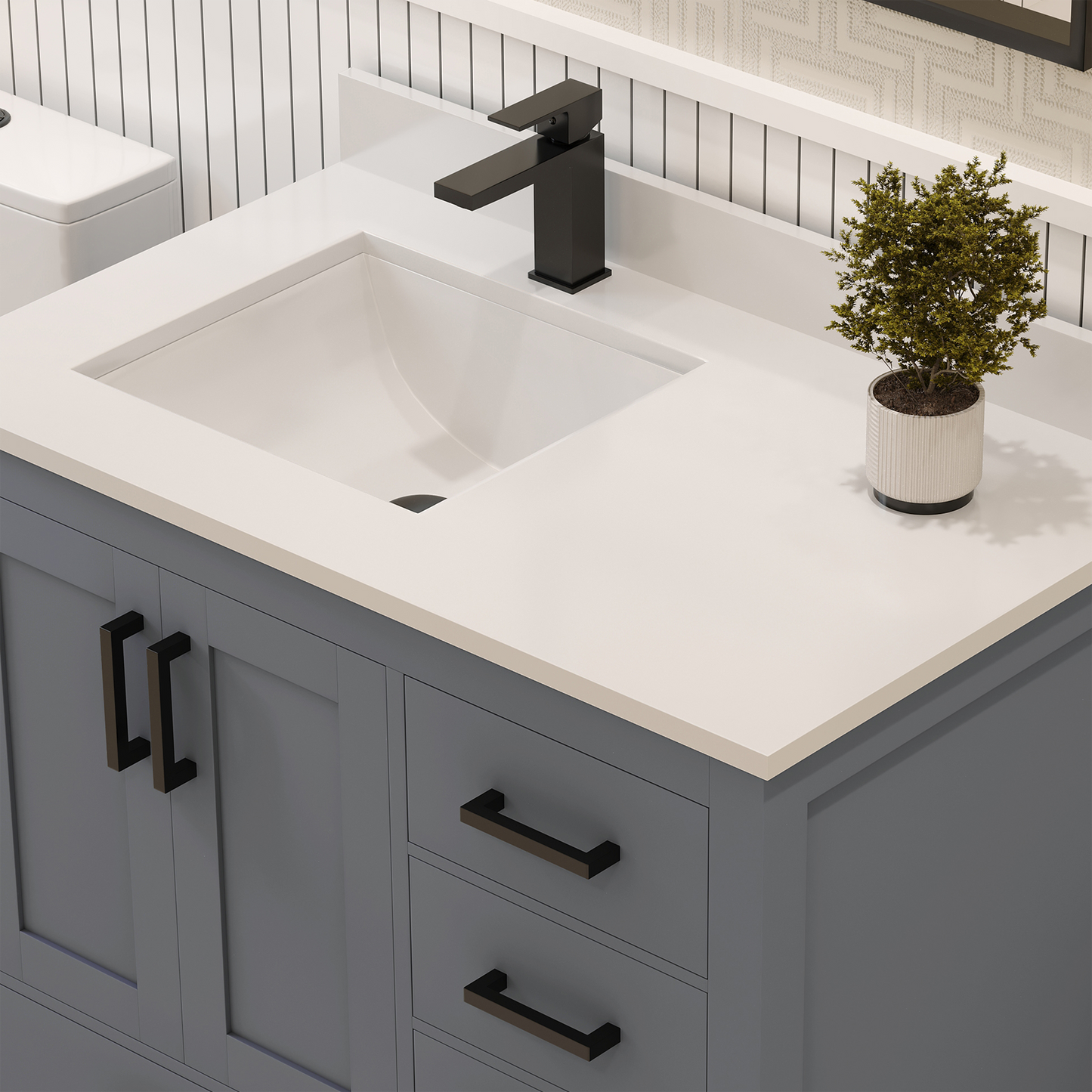 Rooh 36 Inch Left Solid Wood Single Bathroom Vanity with Undermount single Rectangle sink & White Quartz countertop 0.75 inch edge in white